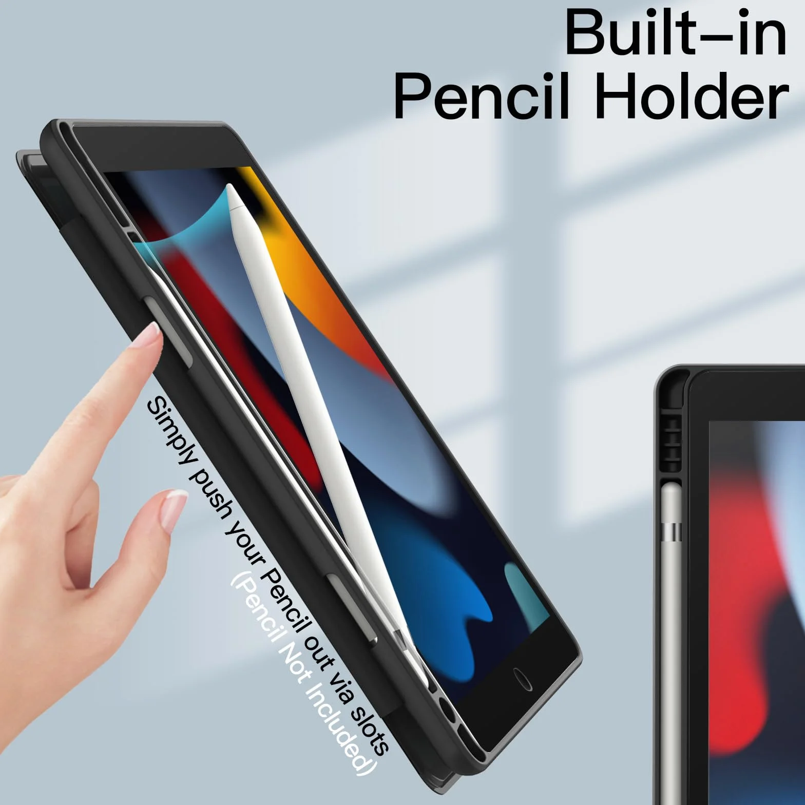 JETech Etui dla iPad 10,2 Cala (9./8./7. Generacji, 2021/2020/2019) z Pencil Uchwyt, Wyczyść Przezroczysty Tył Obudowa Slim Podstawkę Odporna na Wstrząsy Obudowa Tabletu Case (Czarny)