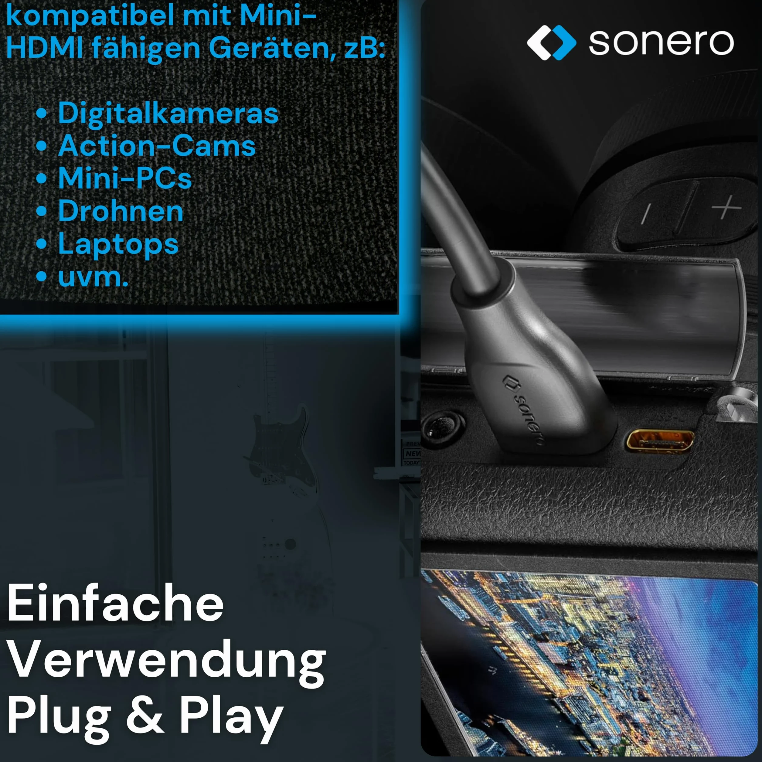 Sonero Mini HDMI na 4K HDMI Adapter do oszczędzania portów HDMI, wysoka prędkość Premium, wtyczka Mini HDMI C do gniazda HDMI A, podwójny ekran, obudowa PCV, 0,15 m, kurtka PVC, X-PHA020-0015