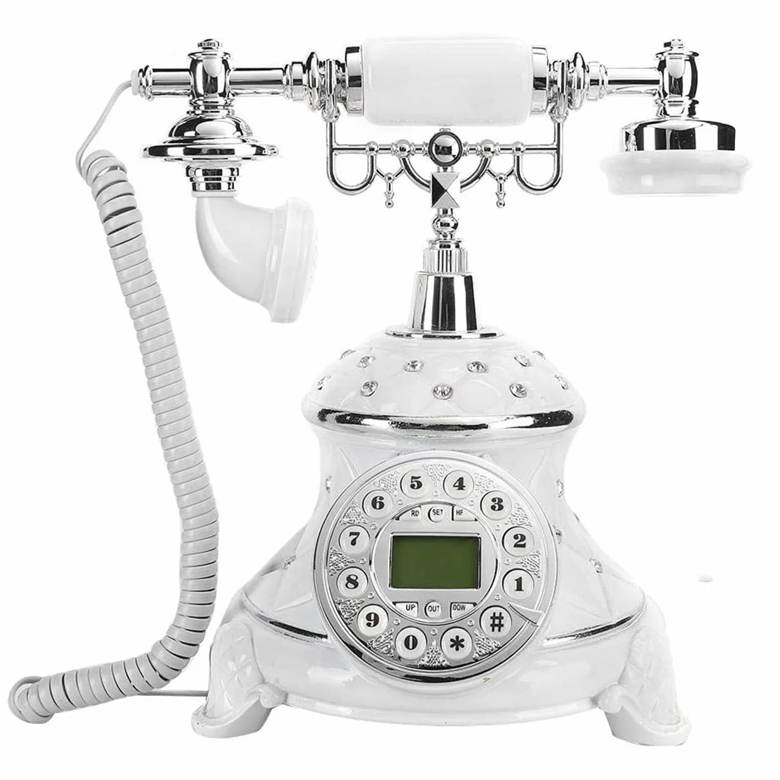 Vintage antyczny stary telefon. Biały europejski styl staromodne telefony stacjonarne biurko przewodowy telefon do domu biura hotelu wystrój