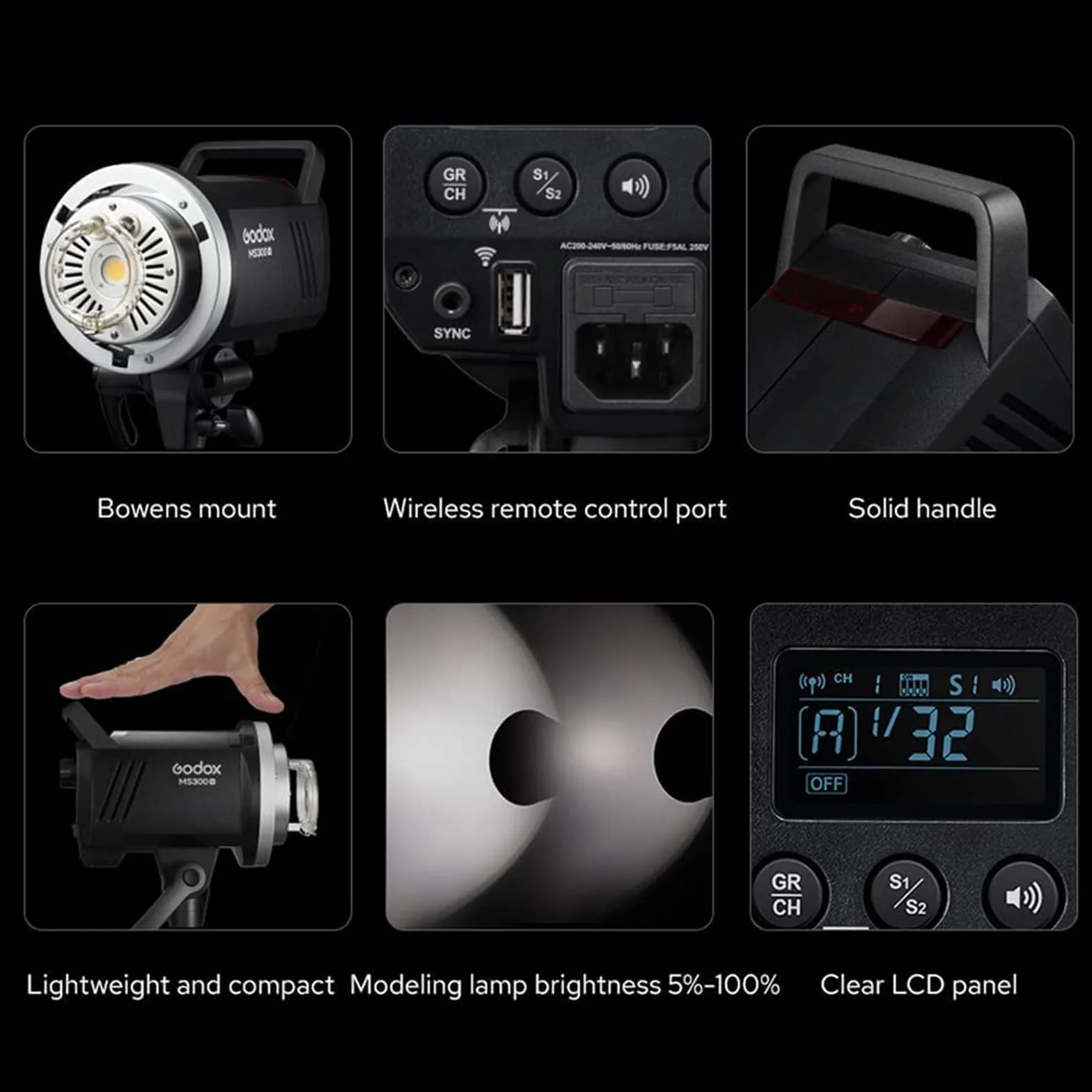 Godox MS300V lampa studyjna LED 300 W, 2,4 G bezprzewodowa 5600 ± 200 K CCT lampa LED 0,1 ~ 1,8 S czas recyklingu Bowens mocowanie z lampą modelującą LED, wyjątkowa stabilność wyjściowa monolight do