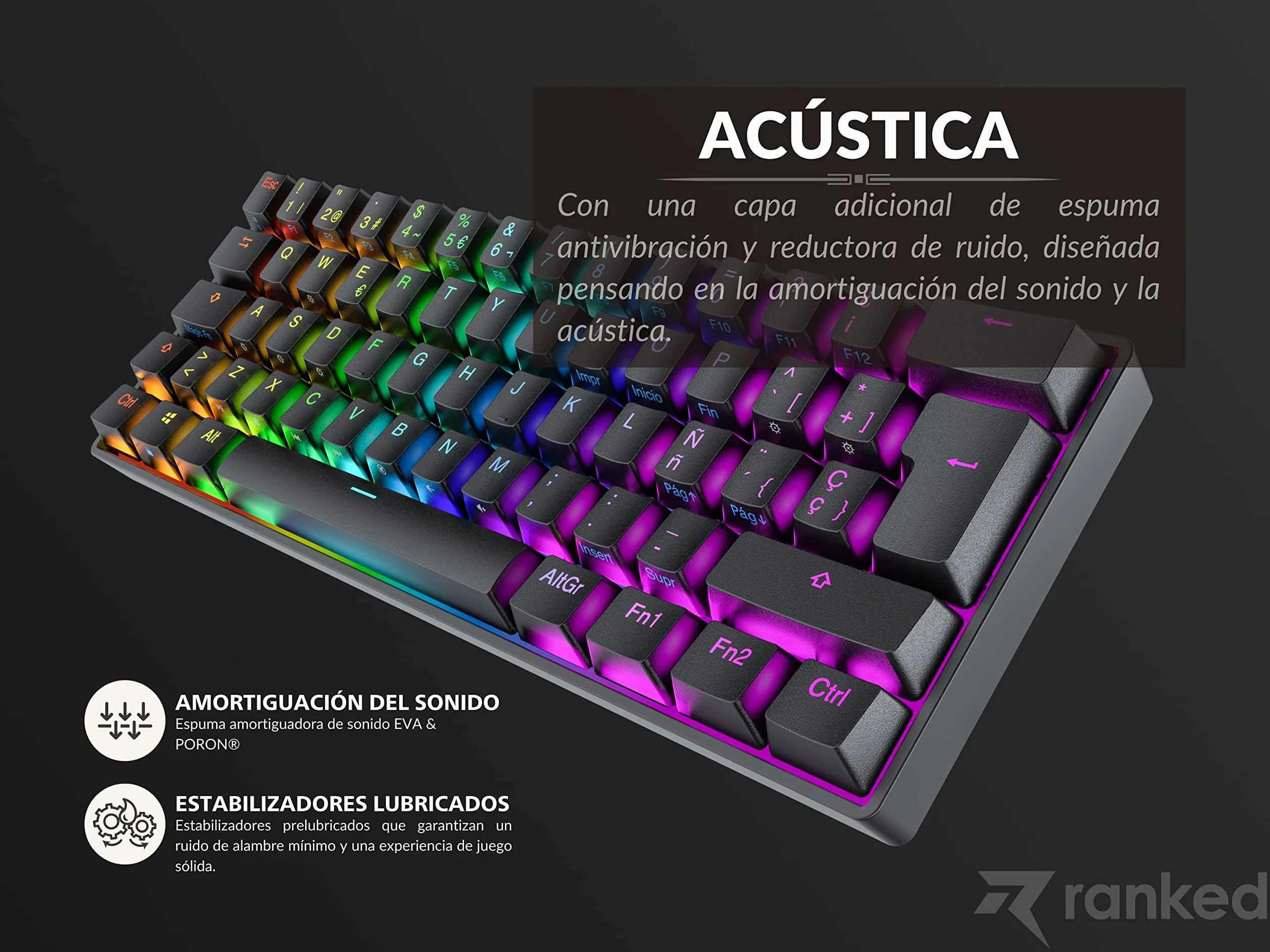 Ranked N60 Nova 60%| Mechaniczna Klawiatura do Gier | 62 Klawiszy Podświetlenia RGB | PC/MAC Gamer | Układ hiszpański QWERTY ISO ES (Czarny, Gateron Blue)