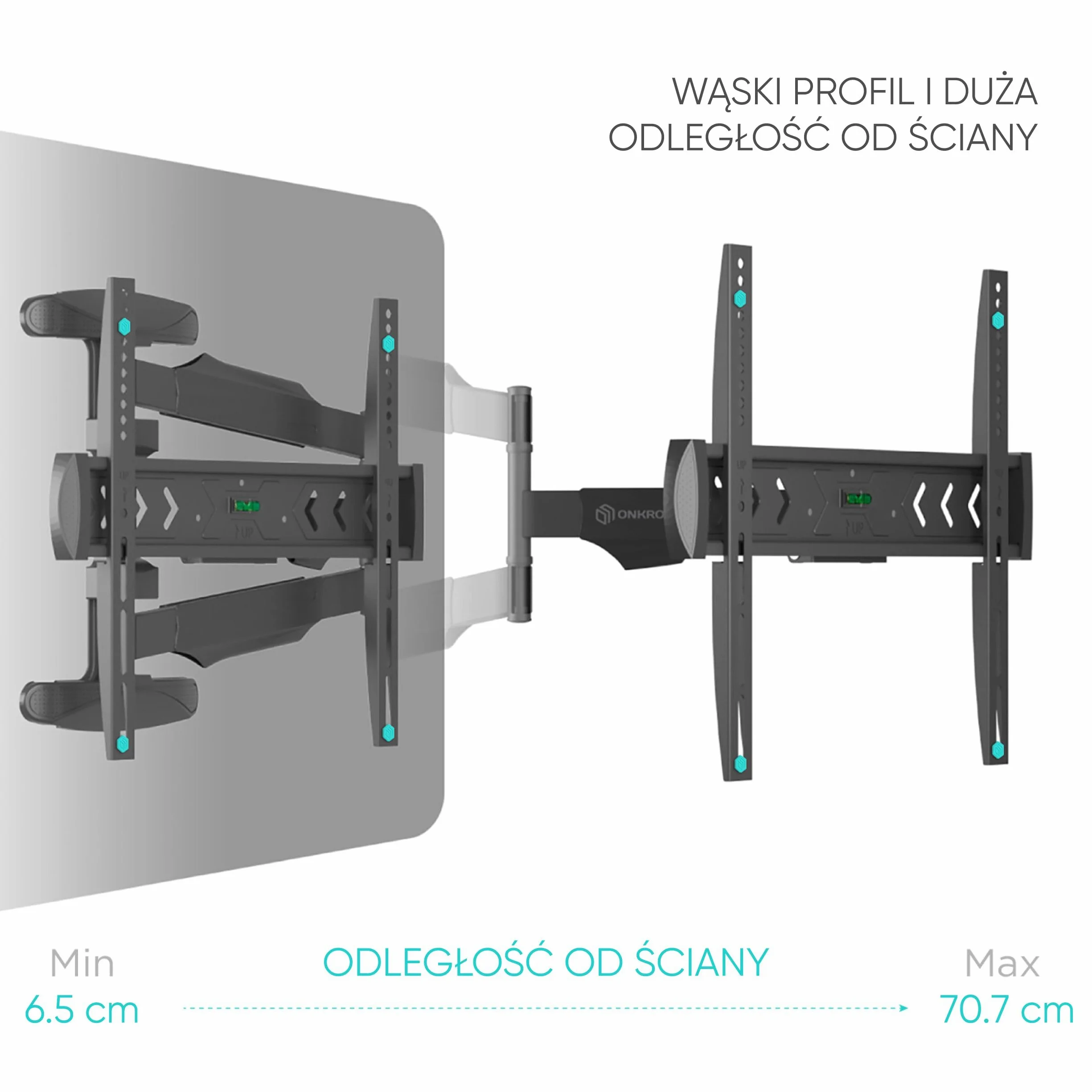 Obracany i odchylany uchwyt TV ONKRON do telewizora 40" - 75" o maksymalnej wadze 35 kg VESA 400x400 Max. Pochylenie 8° obrotowe 180° NP47 Czarny