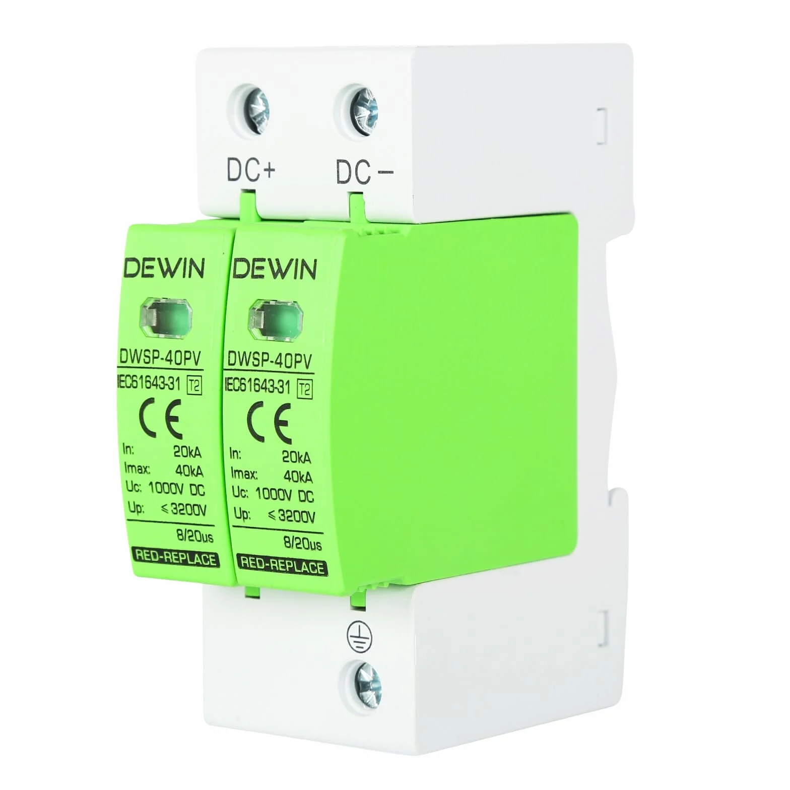 DEWIN Urządzenie przeciwprzepięciowe, 2P 40KA Urządzenie odgromnika fotowoltaicznego DC 1000V Zabezpieczenie przeciwprzepięciowe Urządzenie odgromowe Szyna DIN 35mm