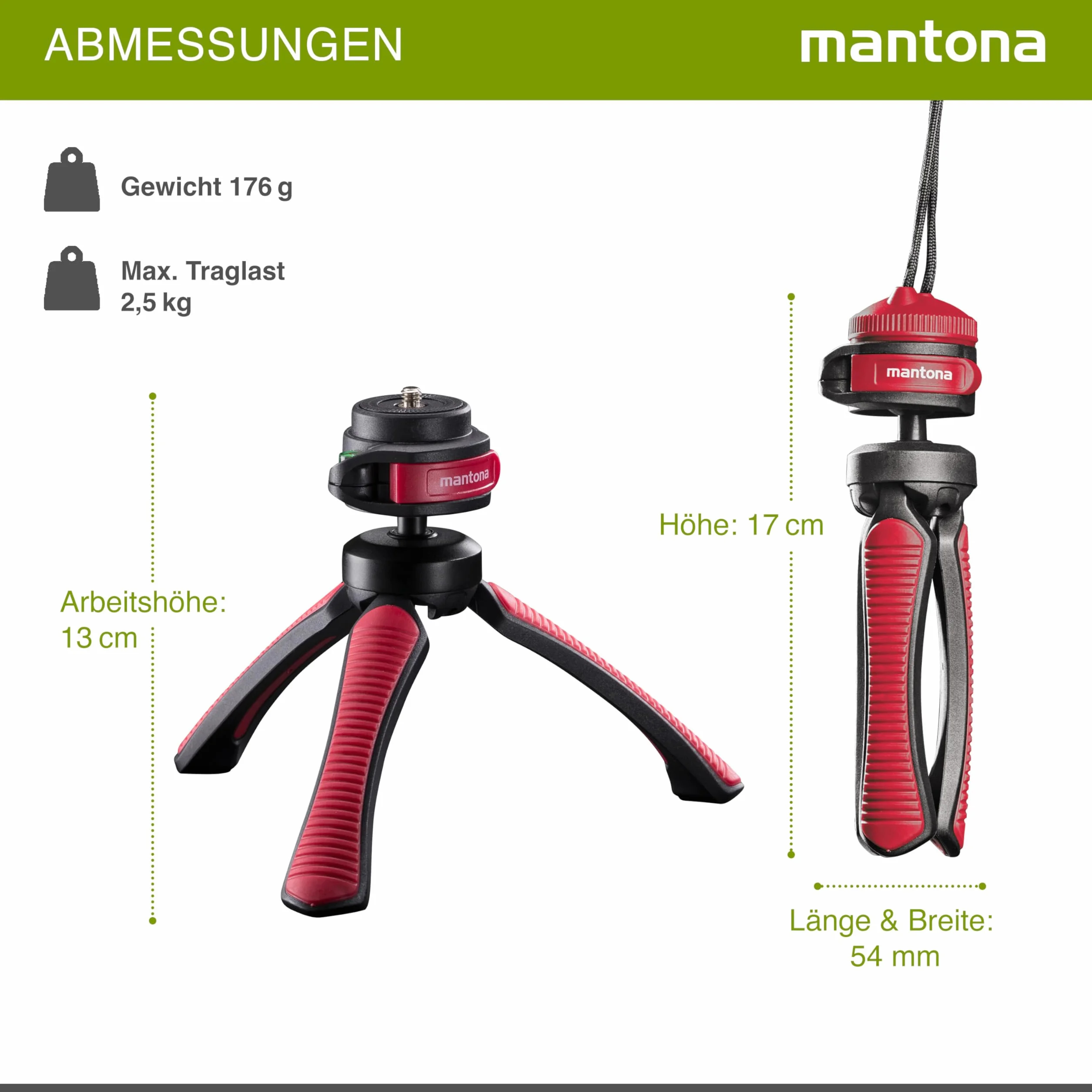 Mantona Kaleido Mini statyw z głowicą kulową 1/4 cala poziomica Chlafe Sundown Red