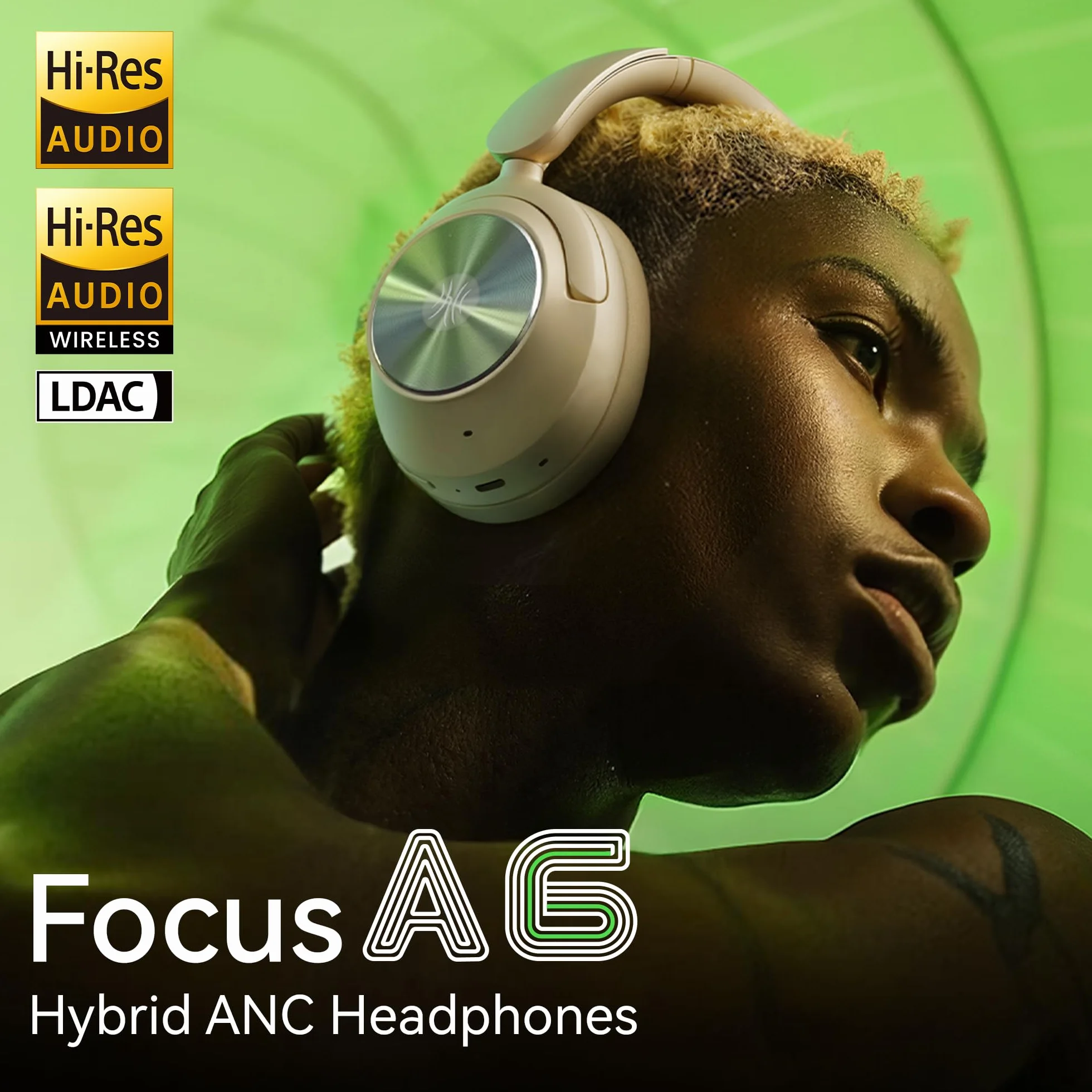 OneOdio Focus A6 Hybrydowe słuchawki z aktywną redukcją szumów, czas odtwarzania 75 godzin, LDAC Hi-Res Lossless Audio, Bluetooth 6.0, podwójny mikrofon ENC, przewodowe ANC przez USB-C, bezprzewodowe