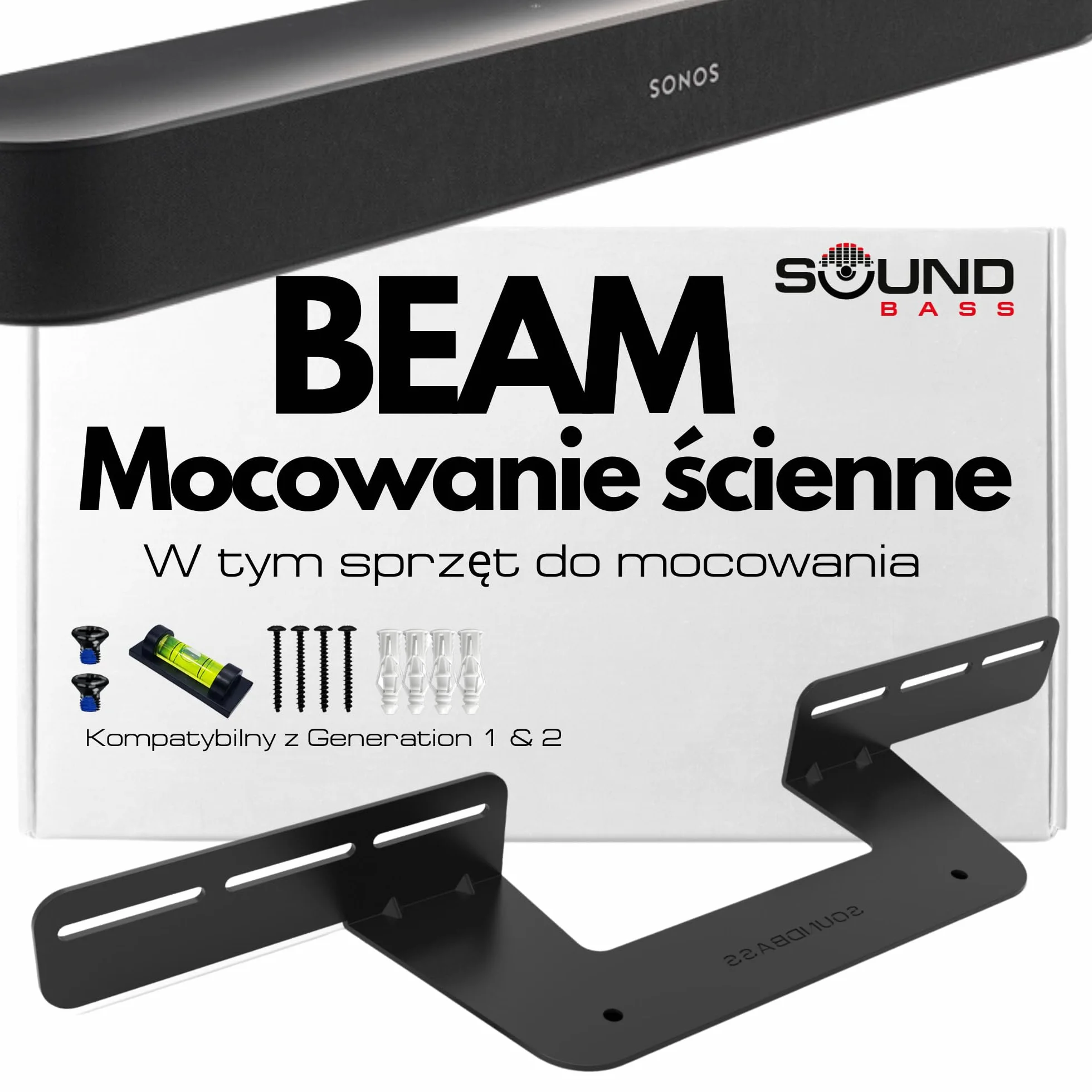 Beam uchwyt ścienny do montażu, czarny, zawiera zestaw akcesoriów montażowych do zawieszenia listwy Sonos Beam dźwiękowej, zaprojektowany w Wielkiej Brytanii przez Soundbass