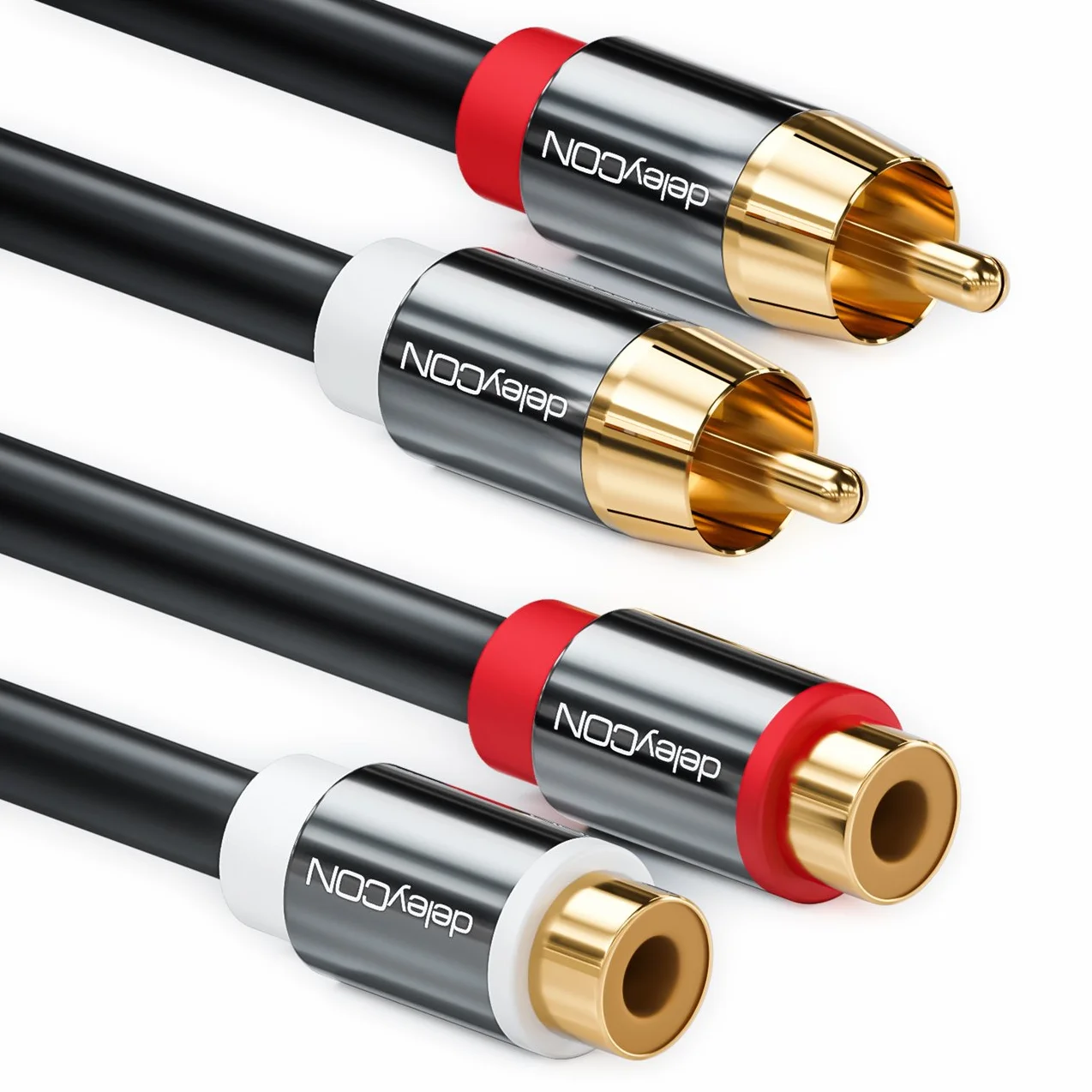 deleyCON 3,0m Przedłużacz Cinch RCA Stereo Audio - 2x Wtyk do 2x Gniazdo - Pozłacane Metalowe Wtyki Czarny