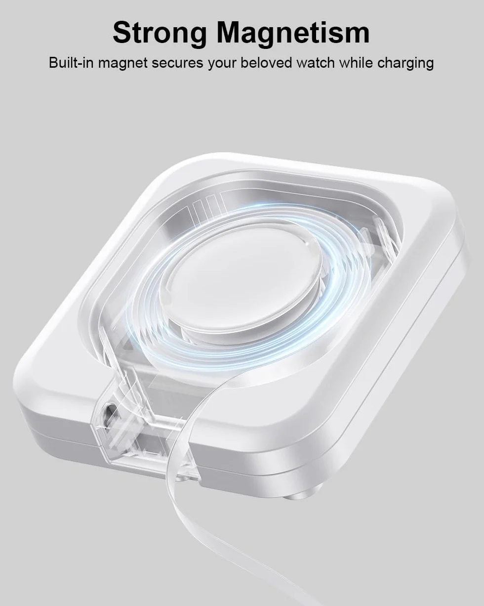 Magnetyczna stacja ładująca Apple Watch, 5 W, bezprzewodowa, szybka ładowarka iWatch z kablem USB C, tryb nocny, do Apple Watch Ultra 2/10/9/8/7/6/SE/SE2/5/4/3/2, przenośny, podróżny, chowany, biały