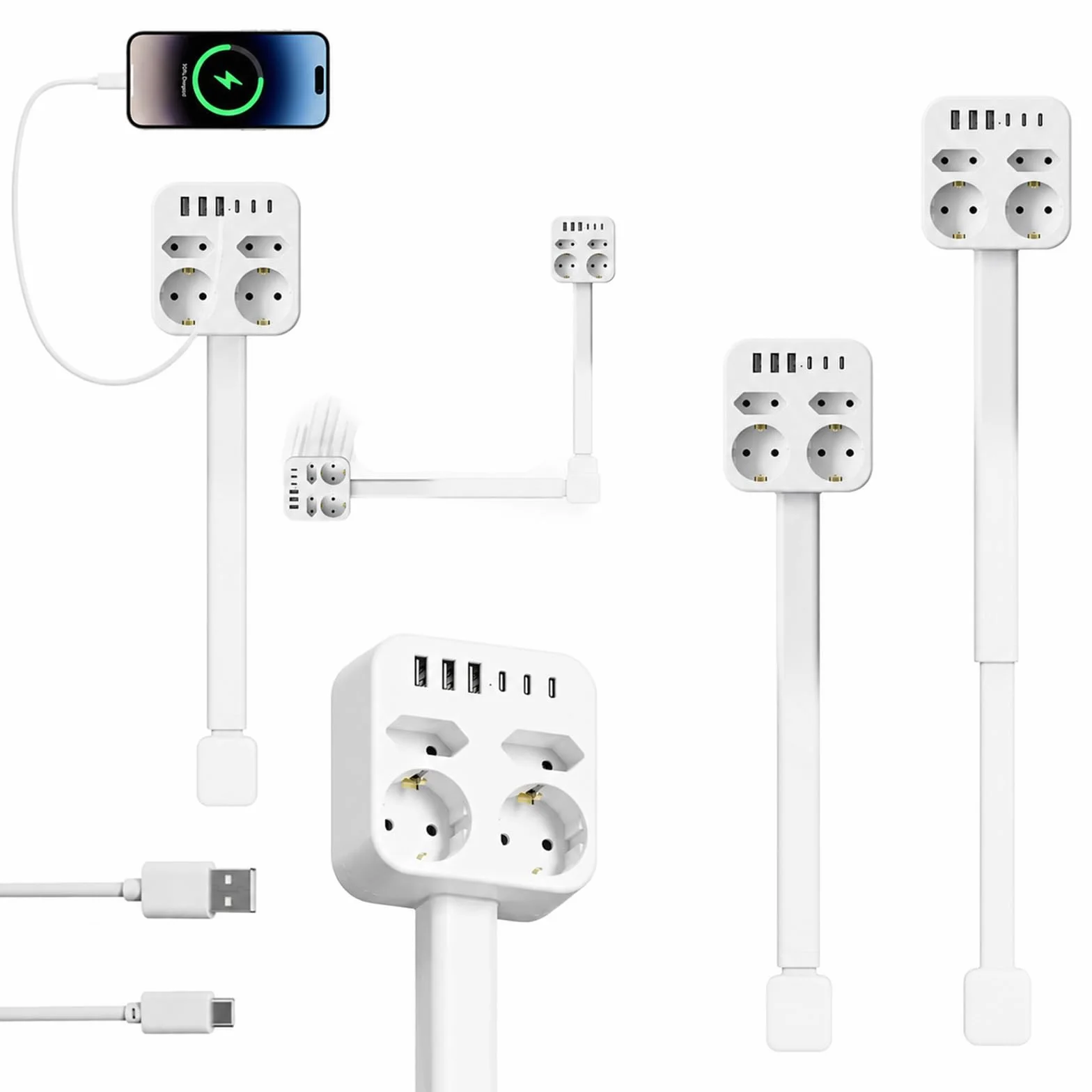 Przedłużenie gniazdka wtykowego, wysuwane, 45-65 cm, rozszerzalna listwa zasilająca | Z 3 USB-C i USB-A, obracany o 360° do sofy, łóżka, biurka, płaskiego gniazdka z ochroną przed przepięciem