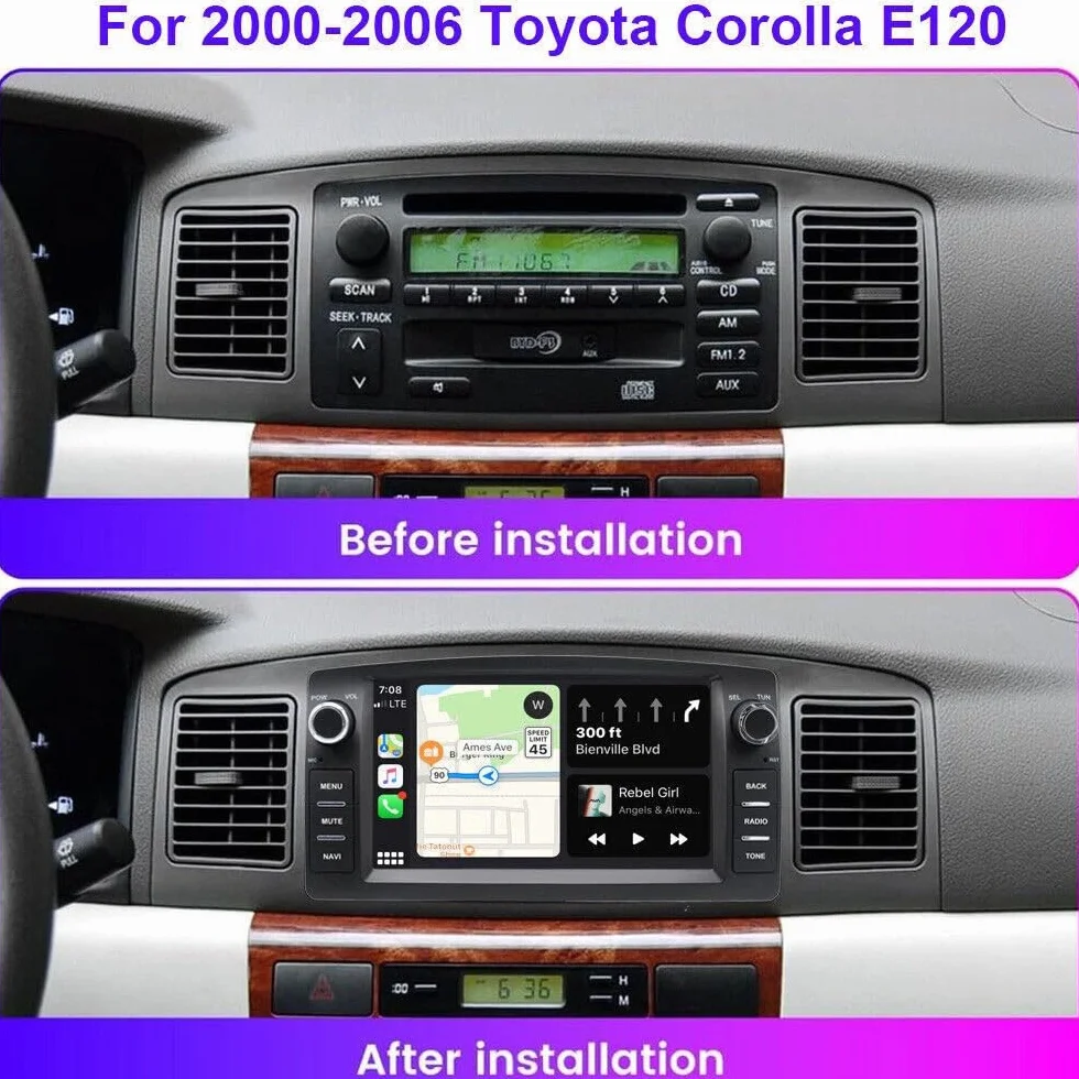 4+64G Android Double Din Radio dla Toyoty Corolla 2000-2006 z bezprzewodowym Carplay Android Auto, 7-calowym ekranem dotykowym, nawigacją Bluetooth, kamerą cofania AHD, GPS, WiFi, FM RDS SWC
