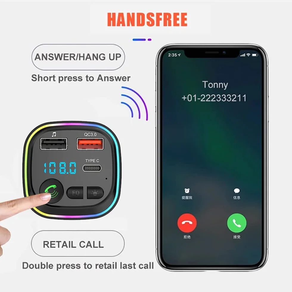 Nadajnik FM, adapter samochodowy Bluetooth, odtwarzacz muzyczny MP3,2 porty USB 5V/3A, szybka ładowarka samochodowa PD 20 W QC3.0 + typ C, połączenie głośnomówiące, obsługa karty TF/USB