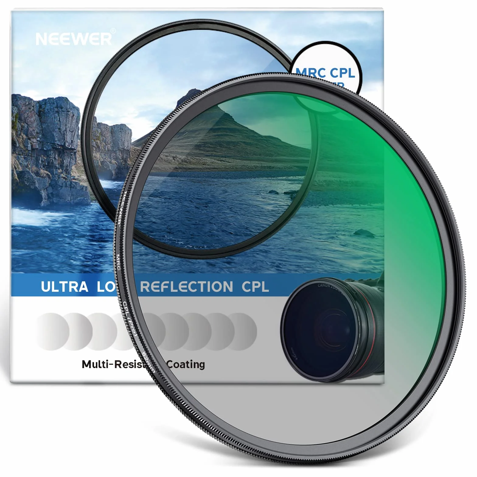 NEEWER Filtr polaryzacyjny 62 mm, filtr CPL z 30 warstwami wielowarstwowo powlekana folia polaryzacyjna, zmniejsza odblaski/poprawia kontrast/ultracienkie/szkło optyczne HD do obiektywu aparatu 62 mm