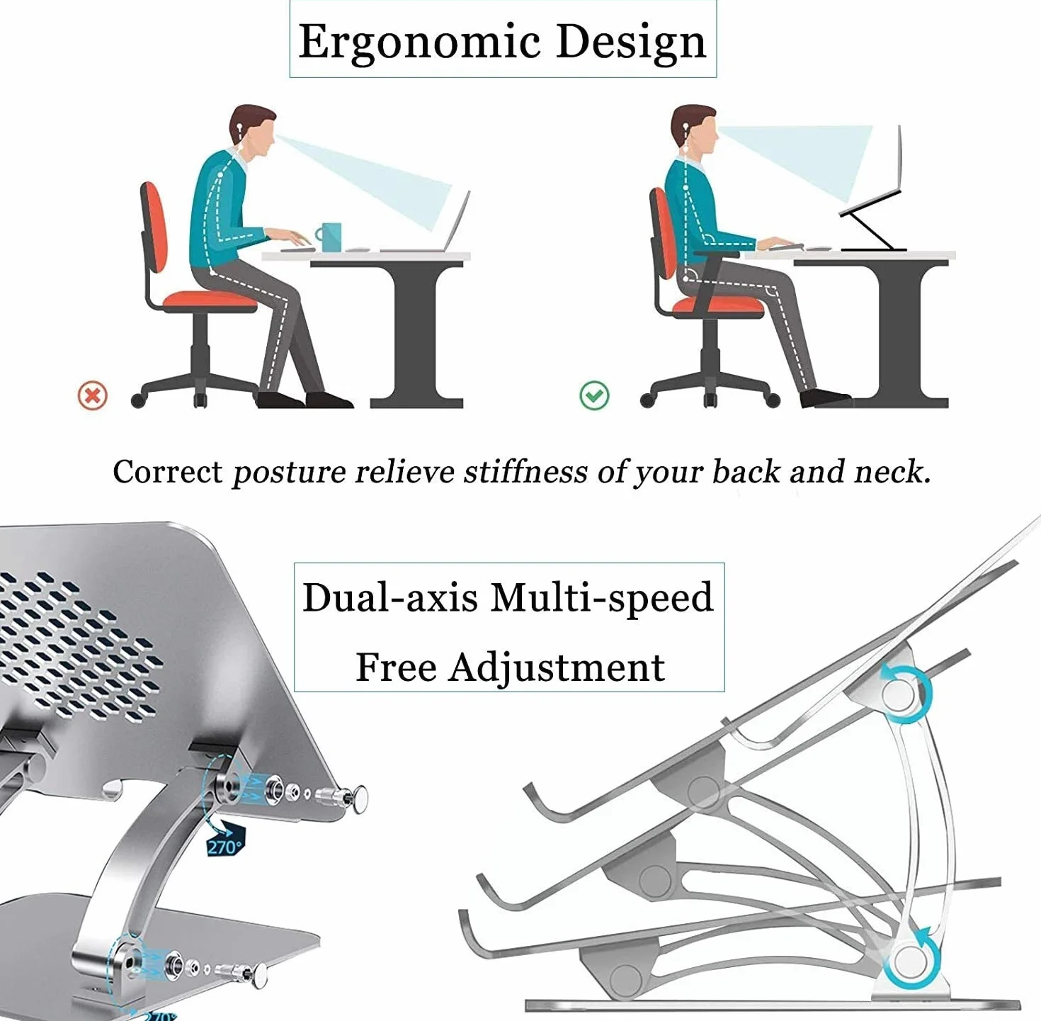 Stojak na laptopa Podstawka na biurko Wentylowany aluminiowy uchwyt na biurko Regulowany stojak na laptopa z antypoślizgowym silikonem Składany Ergonomiczny do biblioteki Biurowa kawiarnia, przenośny