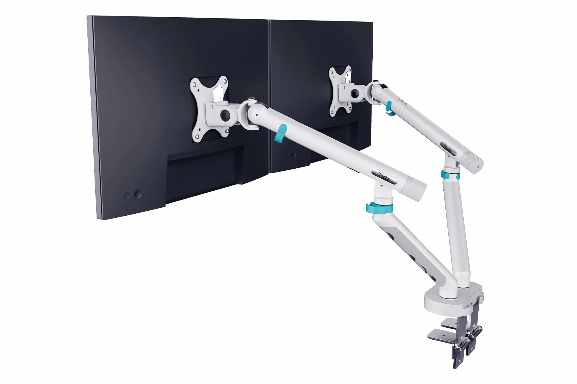 DIGITUS Podwójny uchwyt do monitora – dwa monitory – do 35 cali – sprężyna mechaniczna – nośność 10 kg – do płaskich i zakrzywionych ekranów – VESA 75x75, 100x100 – seria Design – biały