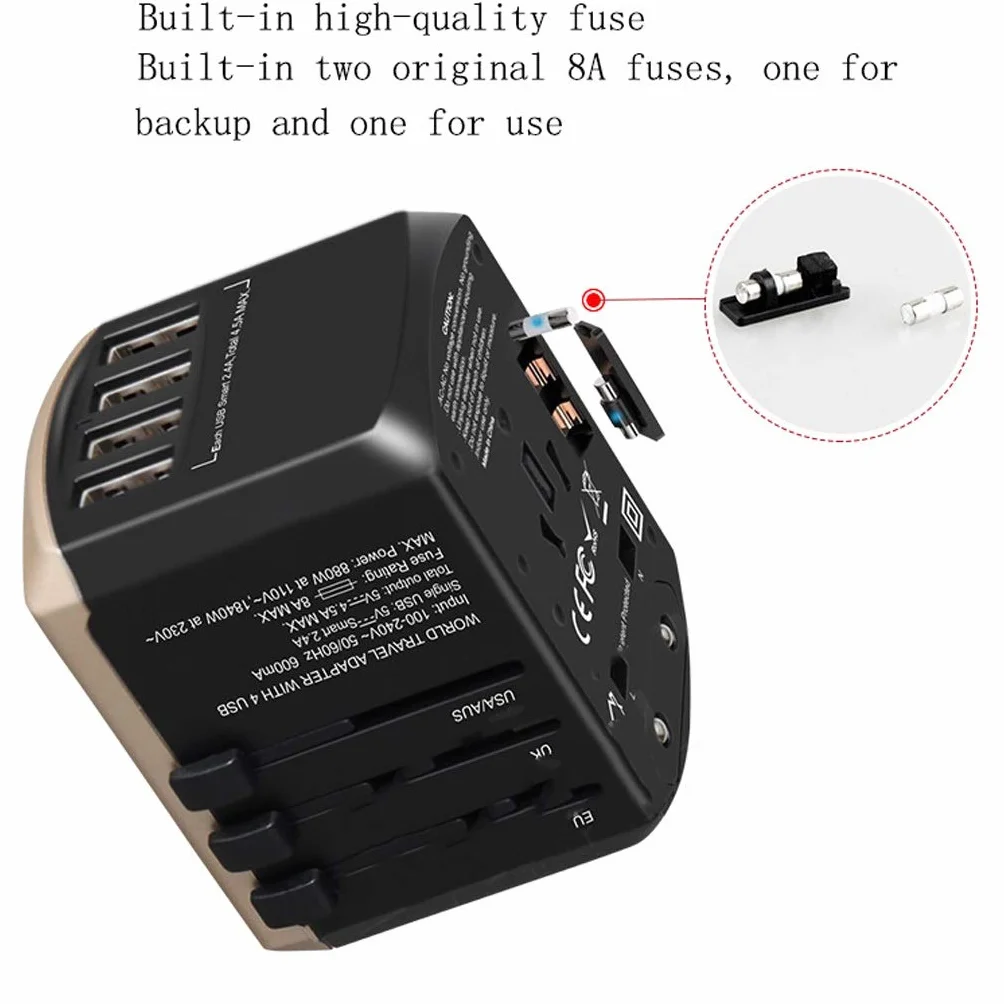Uniwersalny międzynarodowy adapter podróży, ogólnoświatowy zasilacz z 4 Usb. Idealny na europejski USA, UE, UK, AU 224 Państwa (Color : A, Rozmiar : 5.3 * 5.4 * 7.1cm)