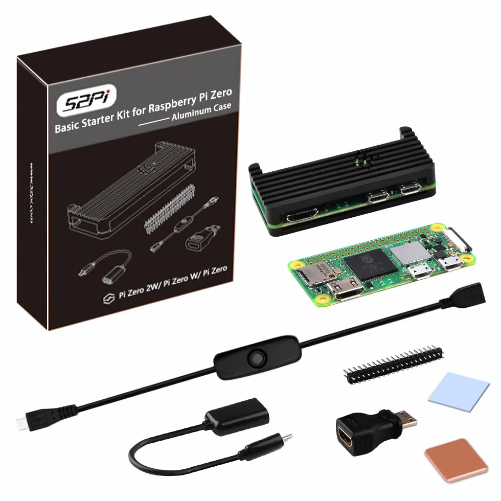 GeeekPi Podstawowy Starter Kit dla Raspberry Pi Zero 2 W, z obudową Zero 2 W, 20-stykowym złączem GPIO, radiatorami, OTG, przełącznikiem MicroUSB, kablem MicroUSB do OTG, adapterem HDMI dla Zero 2 W