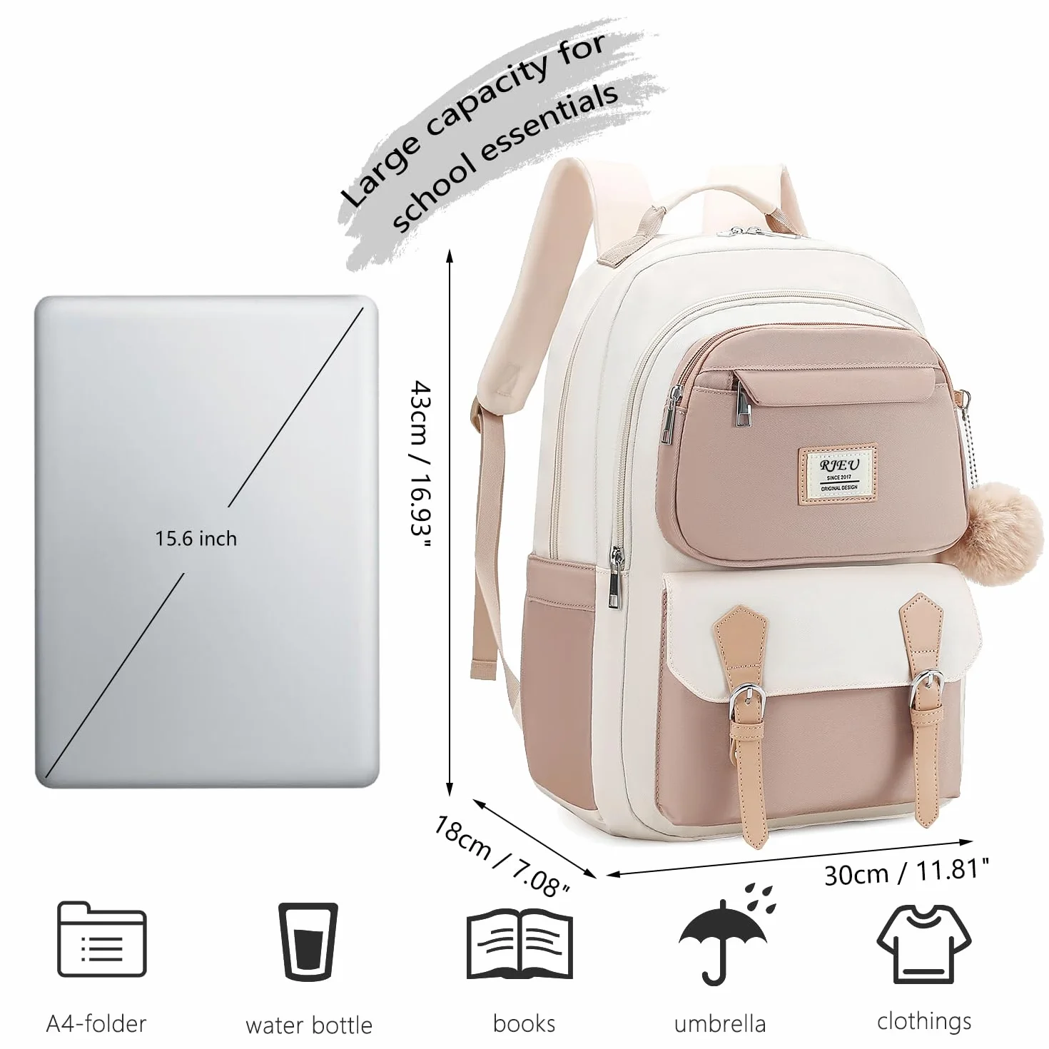 Plecak szkolny dla dziewcząt, estetyczna torba na książki z kieszenią na laptopa o przekątnej ekranu 15,6", dla studentów, słodka torba szkolna