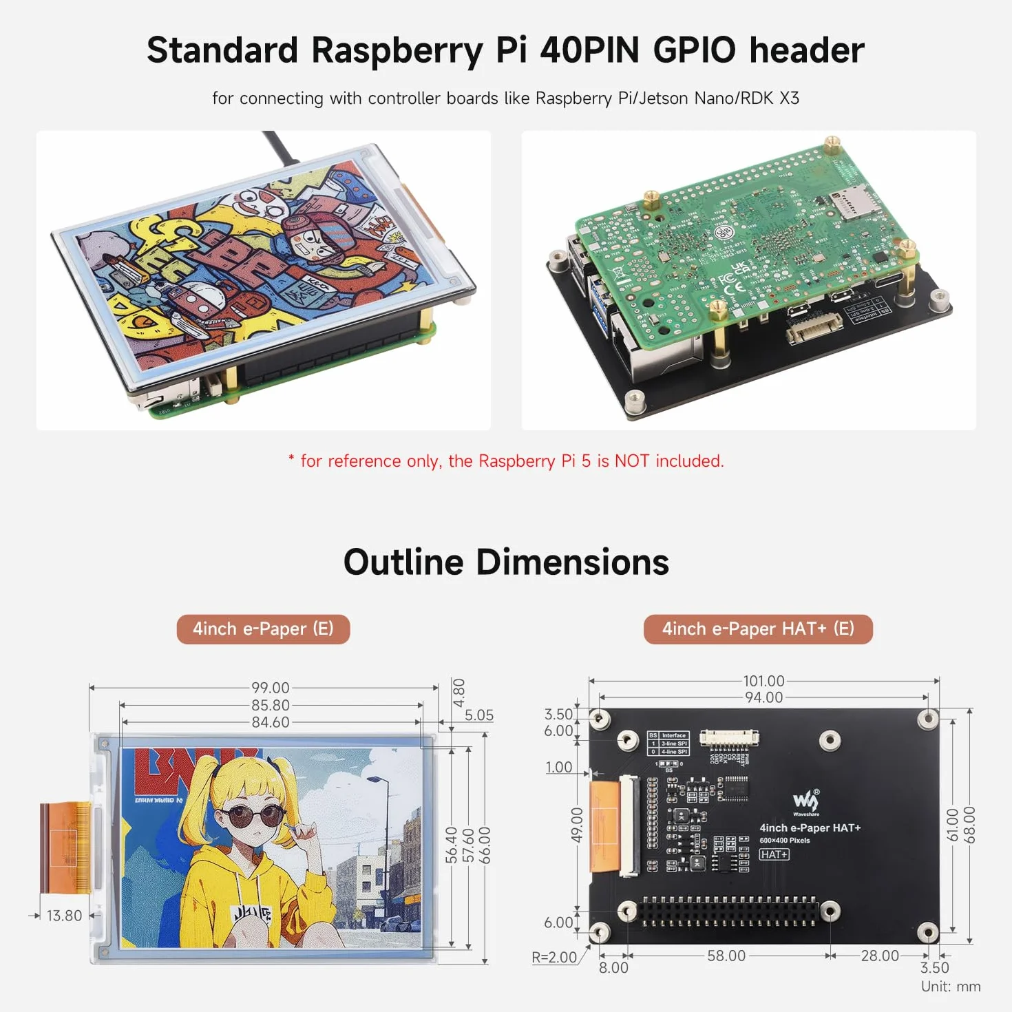 Waveshare 4inch e-Paper E6(Spectra 6) Full-Color Supports HAT+Standard e-Ink Screen Module 600 x 400 Pixels SPI Communication, Low Power Consumption, Wide Viewing Angle