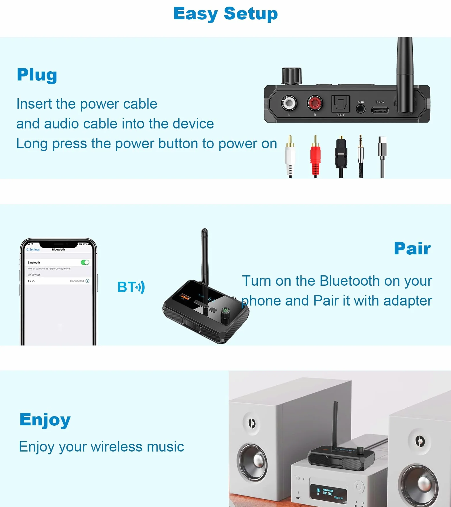 KAIY Odbiornik Bluetooth 5.3 do domowego stereo, niskie opóźnienia i muzyka HD, adapter Bluetooth na RCA, do stereo, głośników, przewodowych głośników, domowego systemu strumieniowego przesyłania
