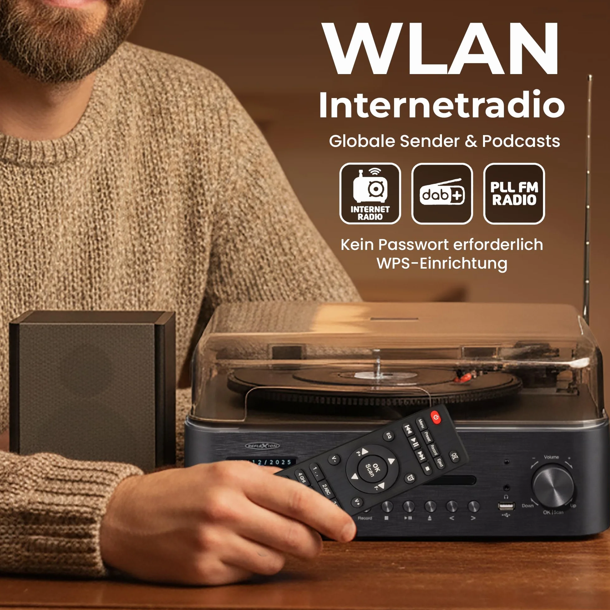 Reflexion Gramofon z głośnikiem i wi-fi; retro system HiFi z DAB+, radio internetowe, Bluetooth, CD, nagrywanie MP3 USB, kolorowy wyświetlacz, budzik i timer snu – kompletny system z pilotem zdalnego