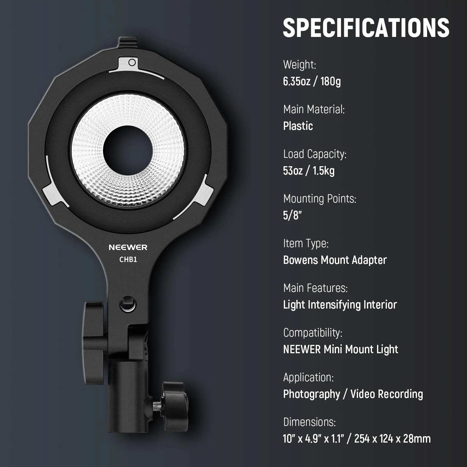 NEEWER Adapter CHB1 Mini na Bowens Mount, Kompatybilny z HS60B/HS60C, 5/8" Odbiornik, 180° Nachylenie i 360° Obrót, Czarny, Tworzywo Sztuczne, Uchwyt do Stawu Oświetleniowego