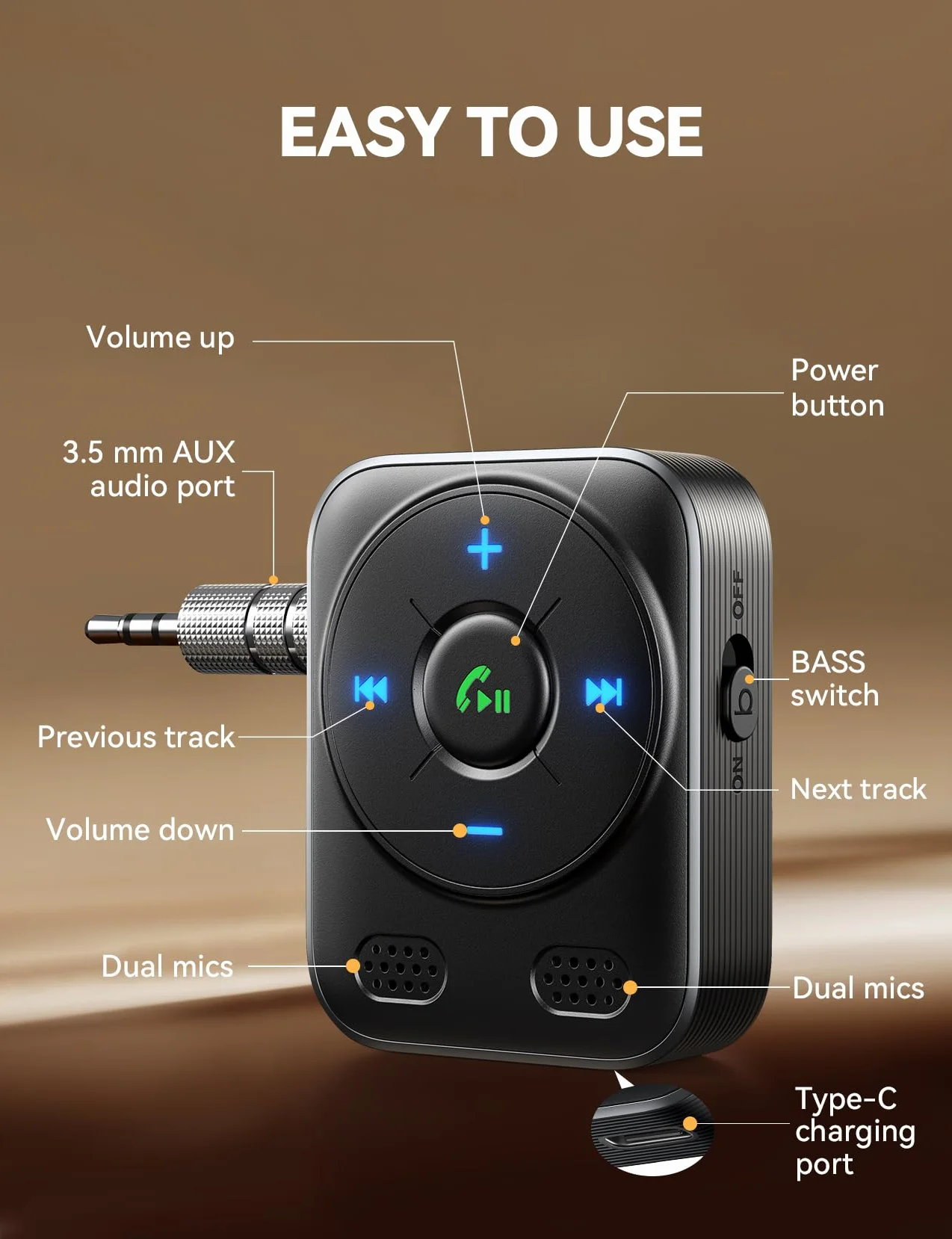 JOYROOM Bluetooth 5.4 samochodowy adapter AUX Bluetooth, odbiornik Bluetooth jack, połączenie głośnomówiące z wyświetlaczem LED, adapter jack samochodowy z 16