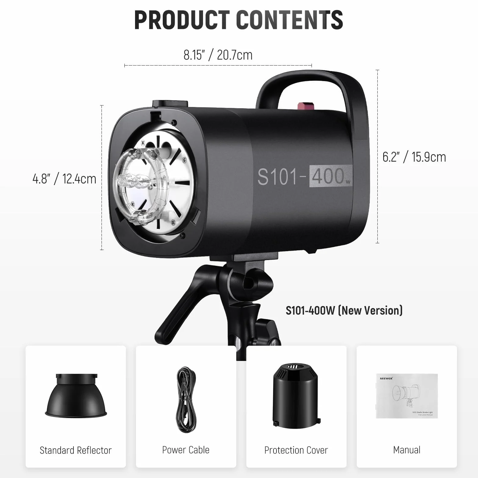 NEEWER Stroboskopowa lampa błyskowa S101-400 W z 9 poziomami, lampa do modelowania 150 W, 400 W GN65 5600K ze standardowym reflektorem Bowens, cichy wentylator w trybie S1/S2 do studia fotograficznego