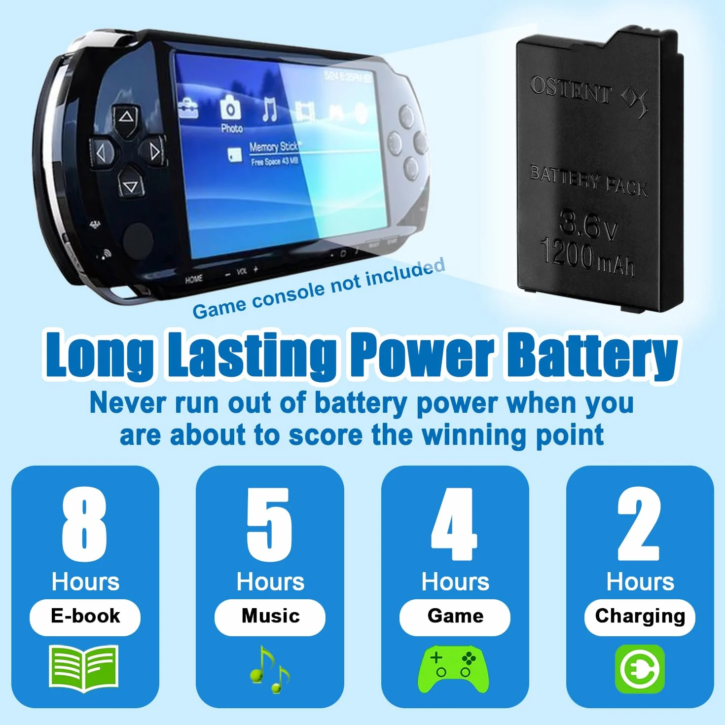 OSTENT Wymiana akumulatora litowo-jonowego 1200mAh 3,6V dla Sony PSP 2000/3000 PSP-S110