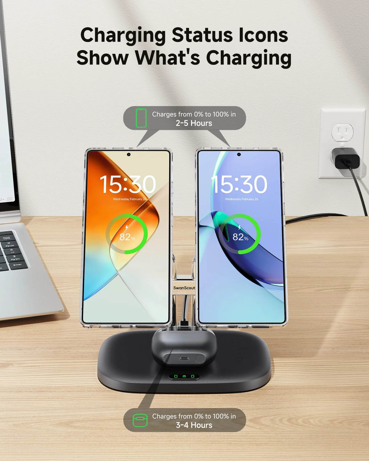 SwanScout podwójna stacja ładująca do Samsung Galaxy S26 Ultra/S26+/S26/S25/Z Fold/Z Flip/S24/S23 (wymagane magnetyczne etui do telefonów Samsung), do Galaxy Buds3 Pro, SwanScout 706SM