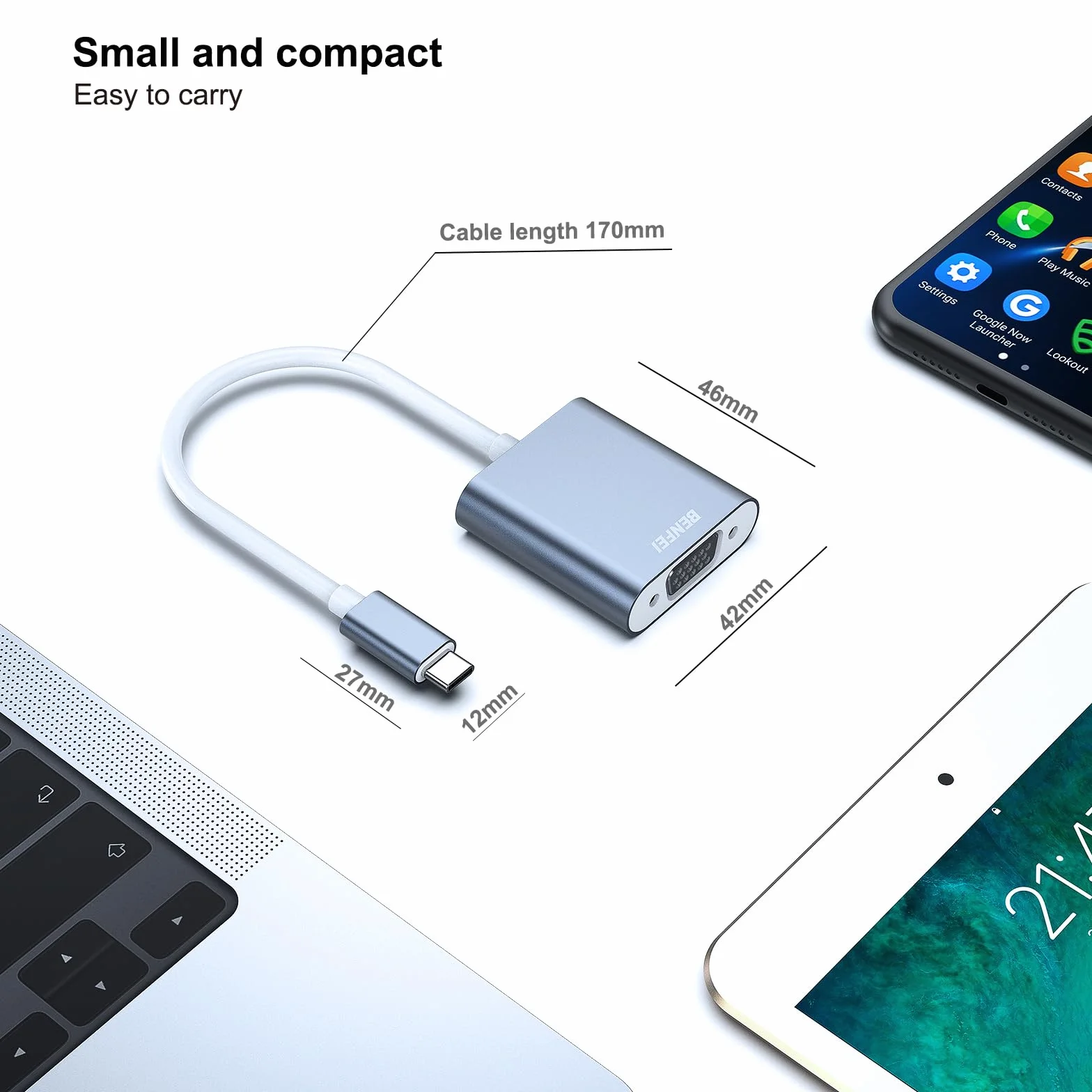 Adapter USB C na VGA, BENFEI Thunderbolt 3 na VGA męski na żeński, dla MacBook Apple 2019/2018/2017, wersja aluminiowa