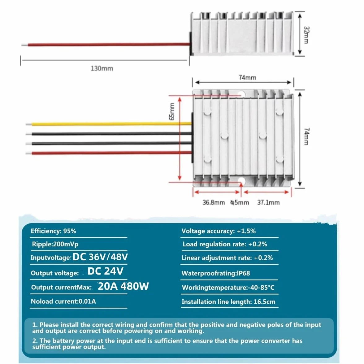 Przetwornica napięcia DC 24 V, 20 A, 480 W, 48 V na 24 V DC 36 V na 24 V DC, wodoodporny konwerter regulatora napięcia do wózka golfowego ze światłami LED
