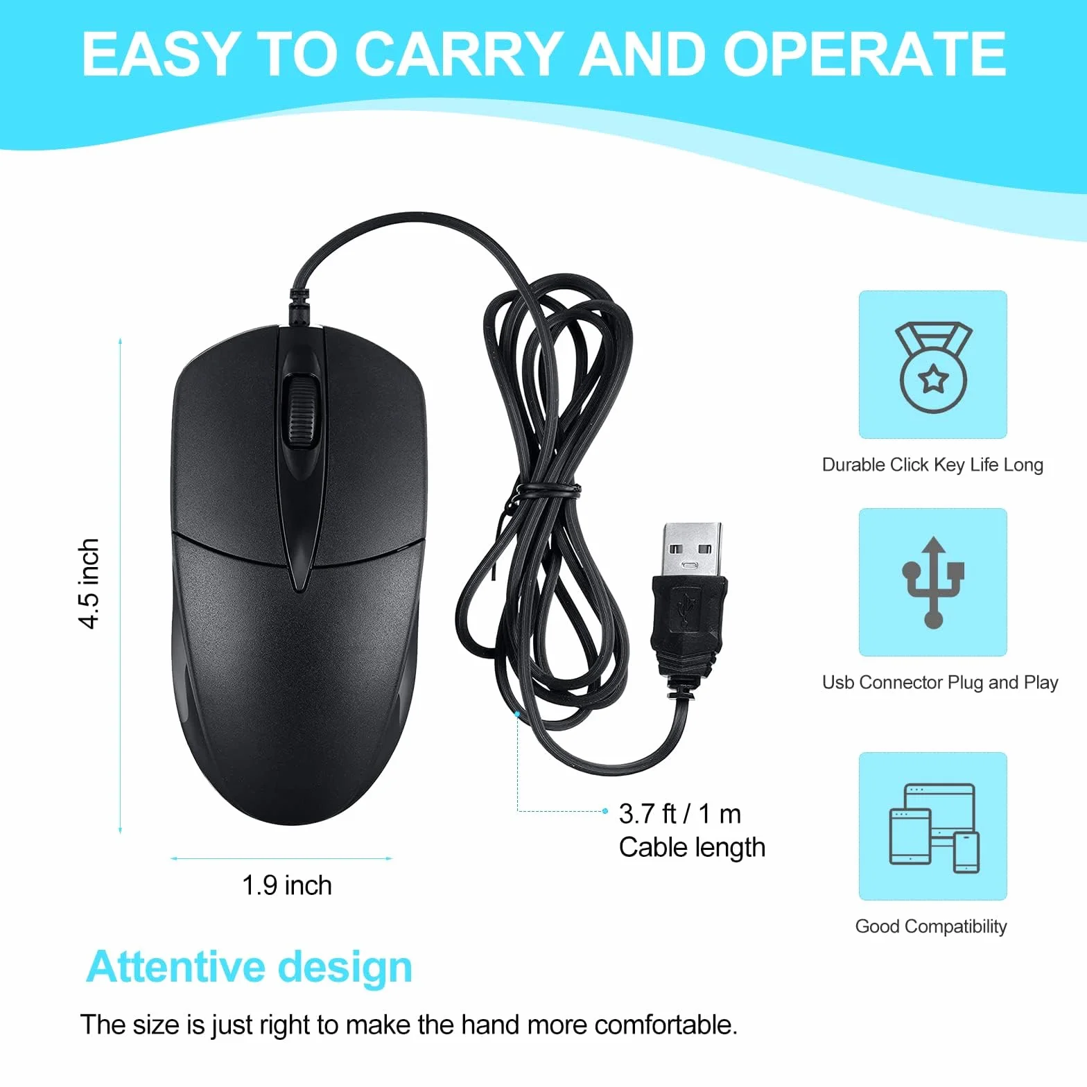 Czarna przewodowa mysz komputerowa USB - 1000 DPI 3 przyciski przewodowa z domowym biurem bezgłośna prosta do laptopa komputera stacjonarnego (YX-Mouse60)