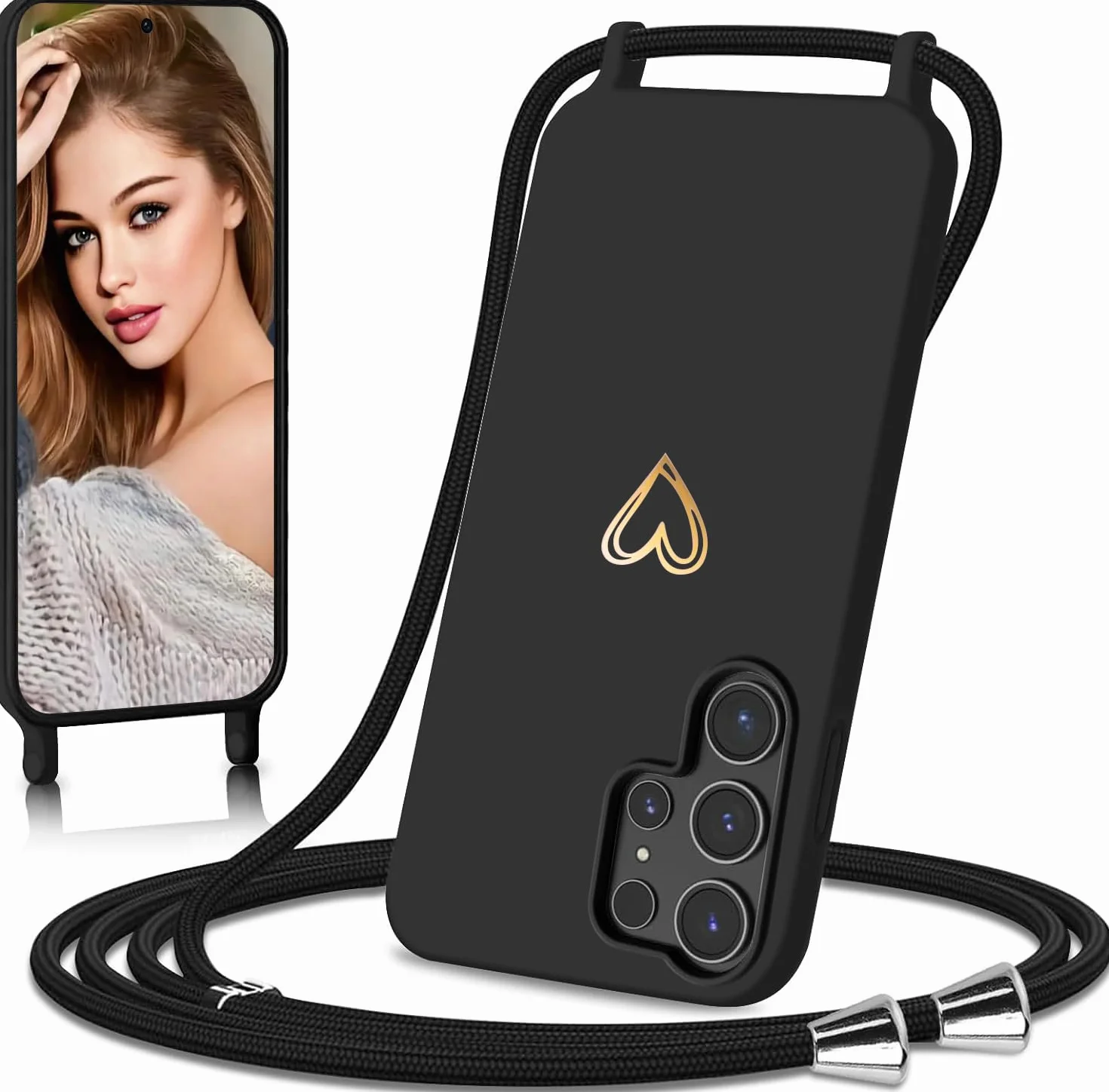 Pasek na telefon komórkowy Samsung Galaxy S24 Ultra, etui z paskiem, złote serce, cienkie, odporne na uderzenia etui ochronne, ze zdejmowanym sznurkiem do zawieszenia, płynne etui na telefon