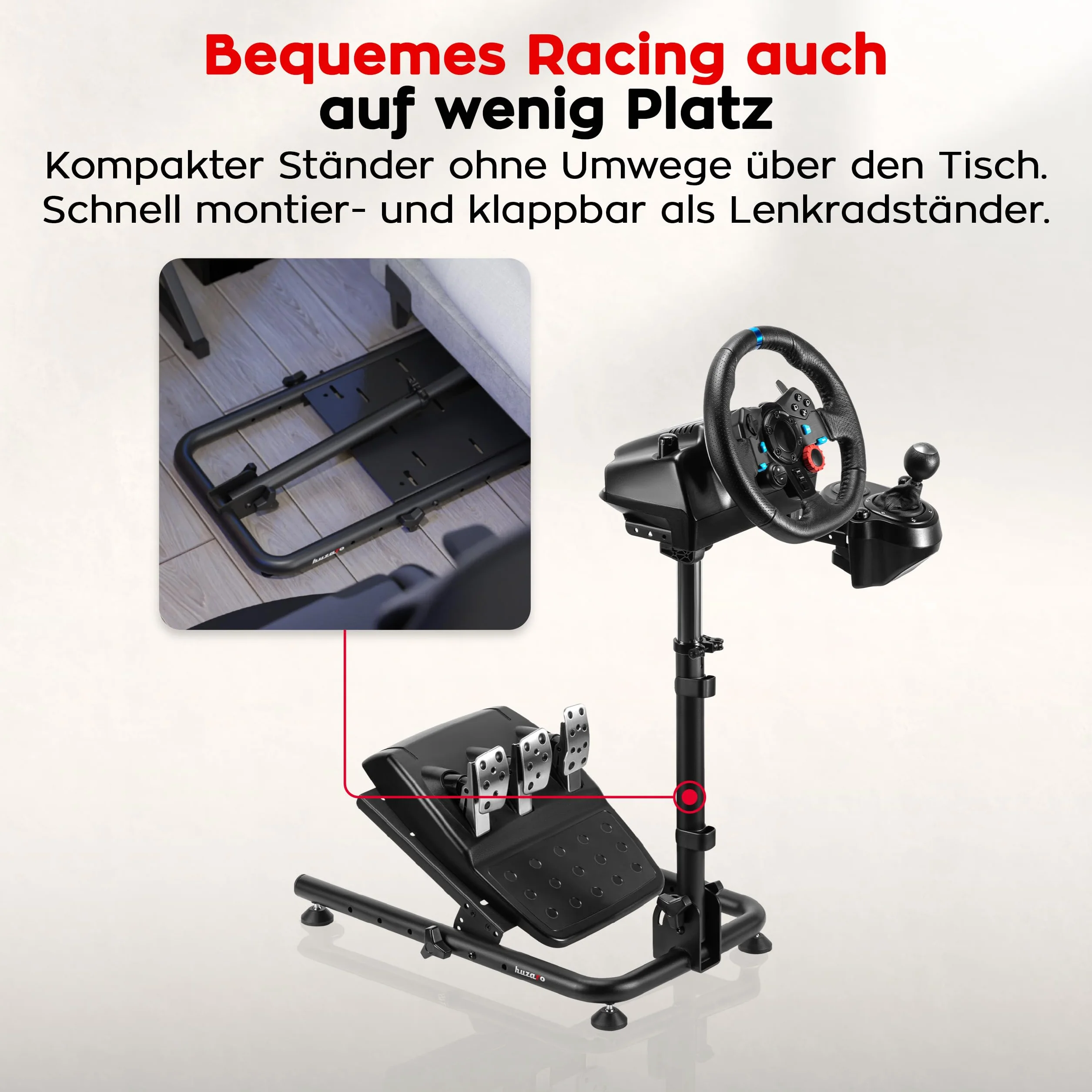 huzaro Speed 2.0, regulowany uchwyt na kierownicę wyścigową, kompatybilny z Logitech Fanatec Thrustmaster, stabilna konstrukcja stalowa, regulowana wysokość i kąt, składane, antypoślizgowe podkładki