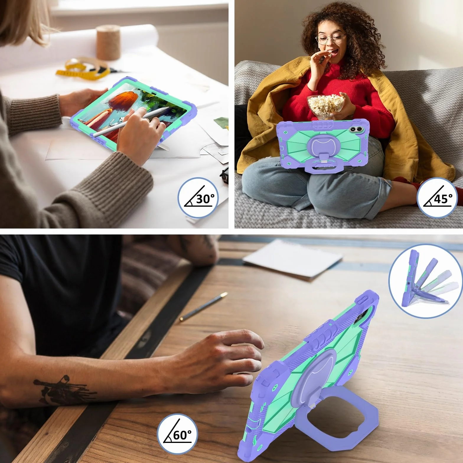 Etui na tablet kompatybilne z Redmi Pad 2 Pro 30.7 cm 2025 wytrzymałe, odporne na wstrząsy etui ochronne w 360 obrotowa podpórka + pasek na rękę + pasek na ramię (fioletowy + miętowy zielony)