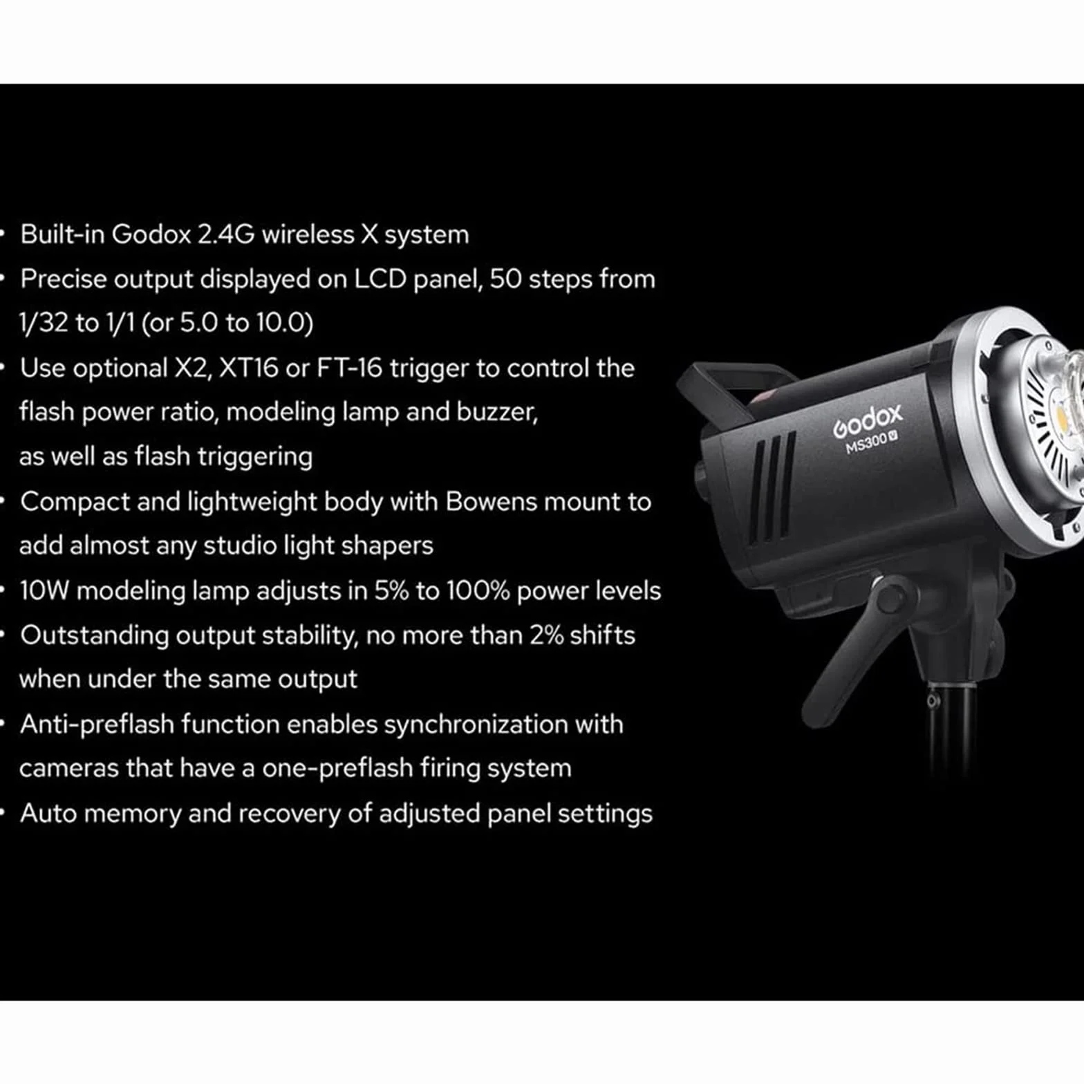 Godox MS300V lampa studyjna LED 300 W, 2,4 G bezprzewodowa 5600 ± 200 K CCT lampa LED 0,1 ~ 1,8 S czas recyklingu Bowens mocowanie z lampą modelującą LED, wyjątkowa stabilność wyjściowa monolight do