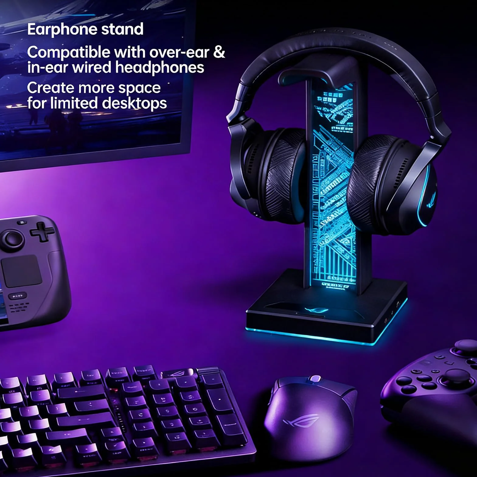 Stojak na słuchawki gamingowe z oświetleniem RGB, uchwyt na słuchawki LED z 2 portami USB i portami audio 3,5 mm, 10 trybów świecenia do wszystkich słuchawek