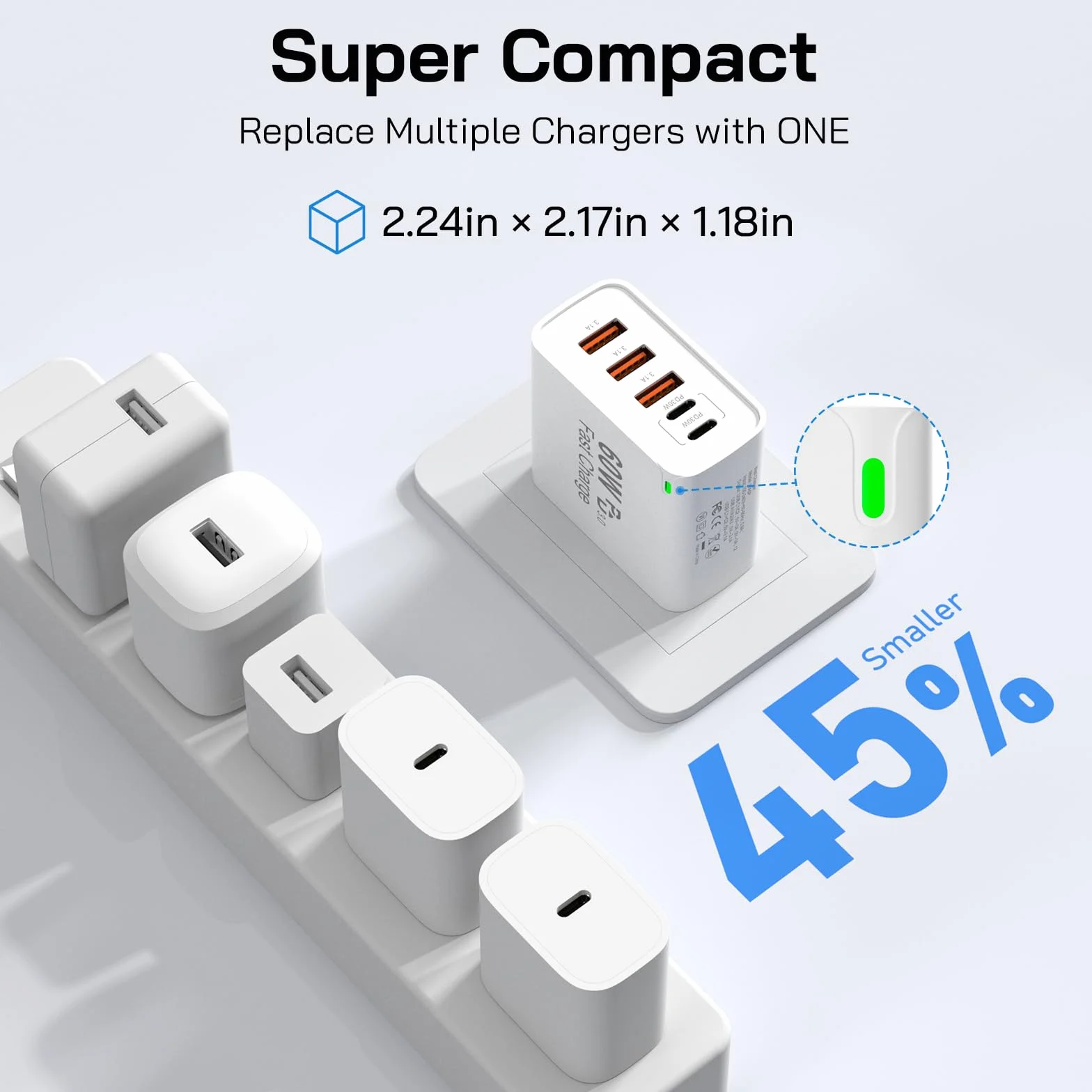 Blok szybkiej ładowarki USB C, 60 W, 5-portowa ładowarka ścienna USB C, 30 W, blok ładowania typu C, 2 USB C+3USB A PPS/PD 3.0 wieloportowa kostka ładująca do iPhone'a 16 15 14 13 Pro Max, do Galaxy