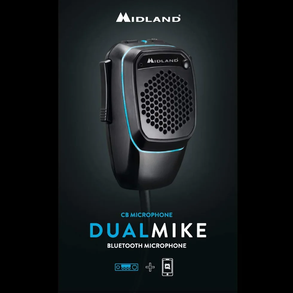 Midland - Mikrofon Bluetooth Dual Mike do radia CB, przedwzmacniacz 4-pinowy, połączenie CB i smartfon, podwójny PTT, wbudowany głośnik, DSP dla jakości głosu, kompatybilny z aplikacją CBTal