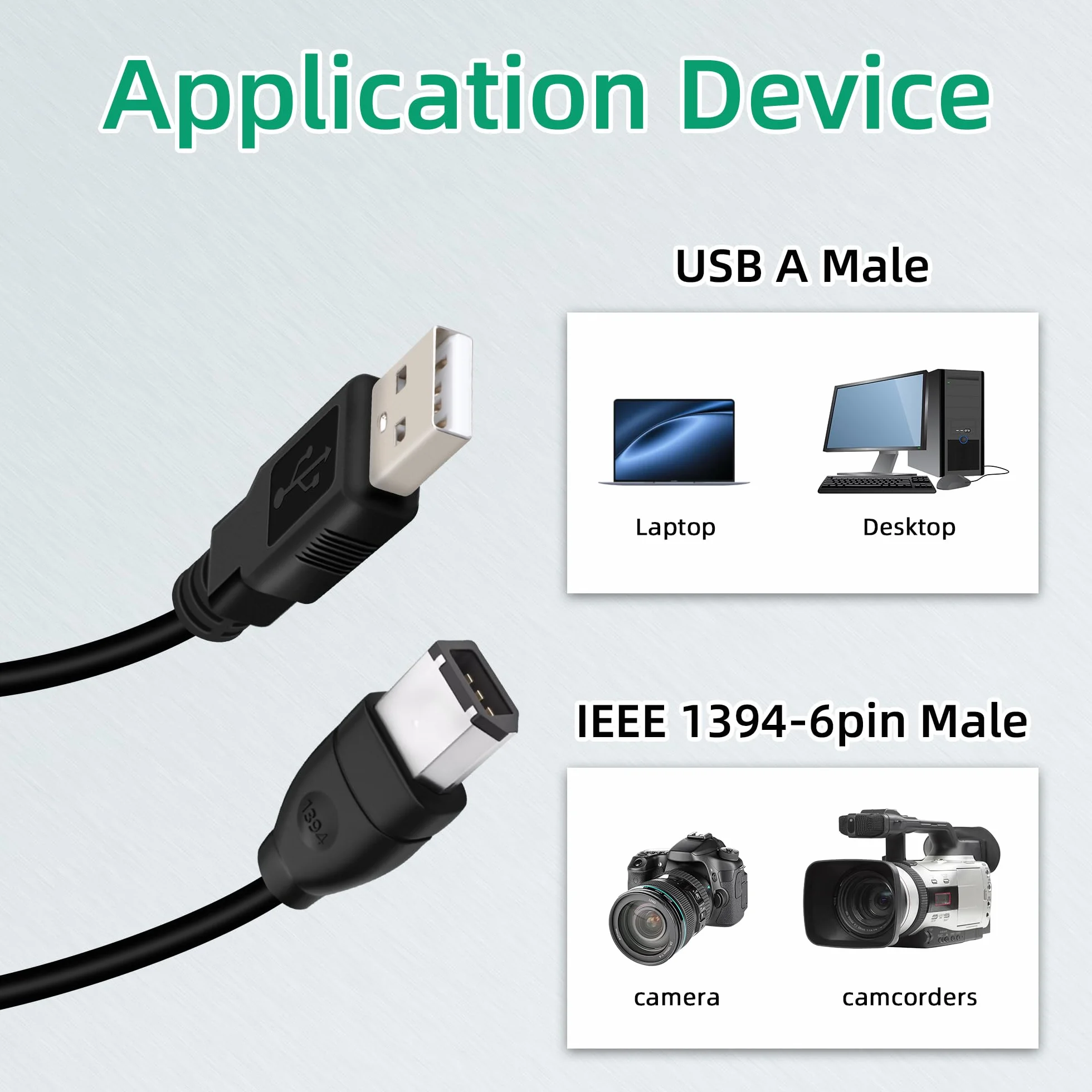 Kabel USB 2.0 typu A męski na IEEE 1394 Firewire 6-pinowy męski 1,8 M do aparatu cyfrowego, kamery, laptopa, DV, czarny