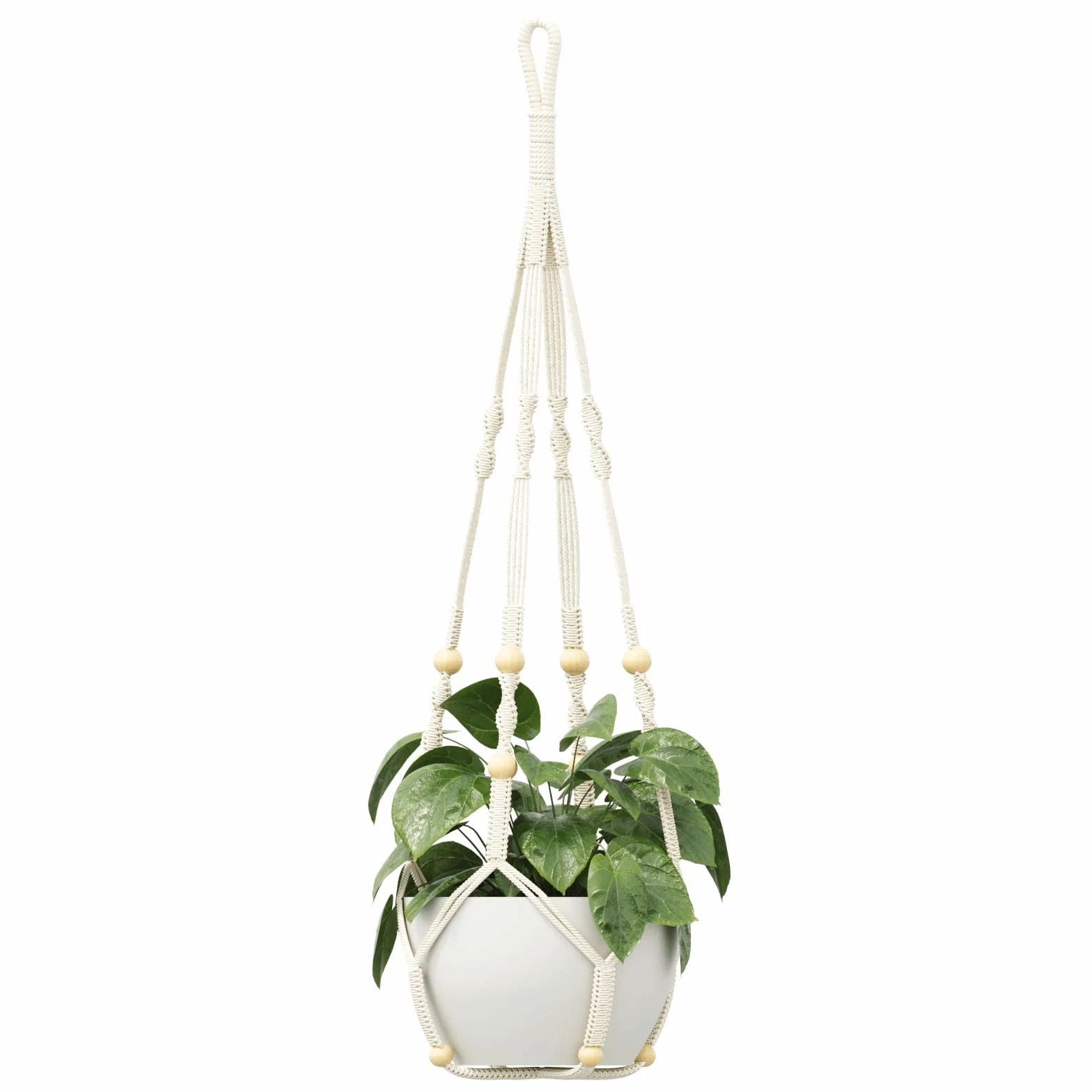 Bamworld Makramowy Wiszący Kwietnik 90 cm Donica Drewniane Koraliki Boho Ecru