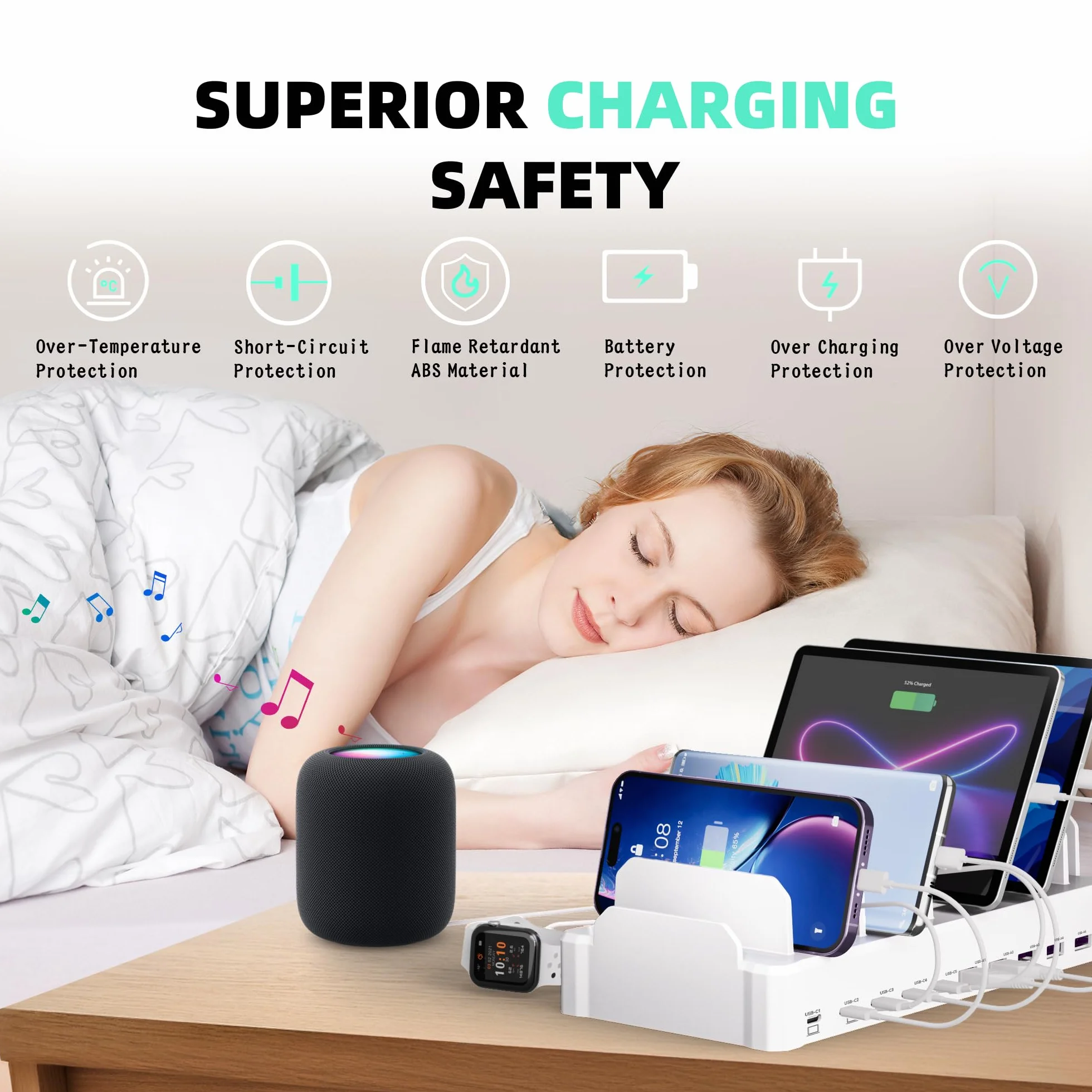 Zobirez - Stacja ładująca 320 W dla wielu urządzeń, 10-portowa stacja szybkiego ładowania USB C dla MacBooka, iPhone'a, telefonu komórkowego z systemem Android, iPad, tabletów, wielu organizatorów