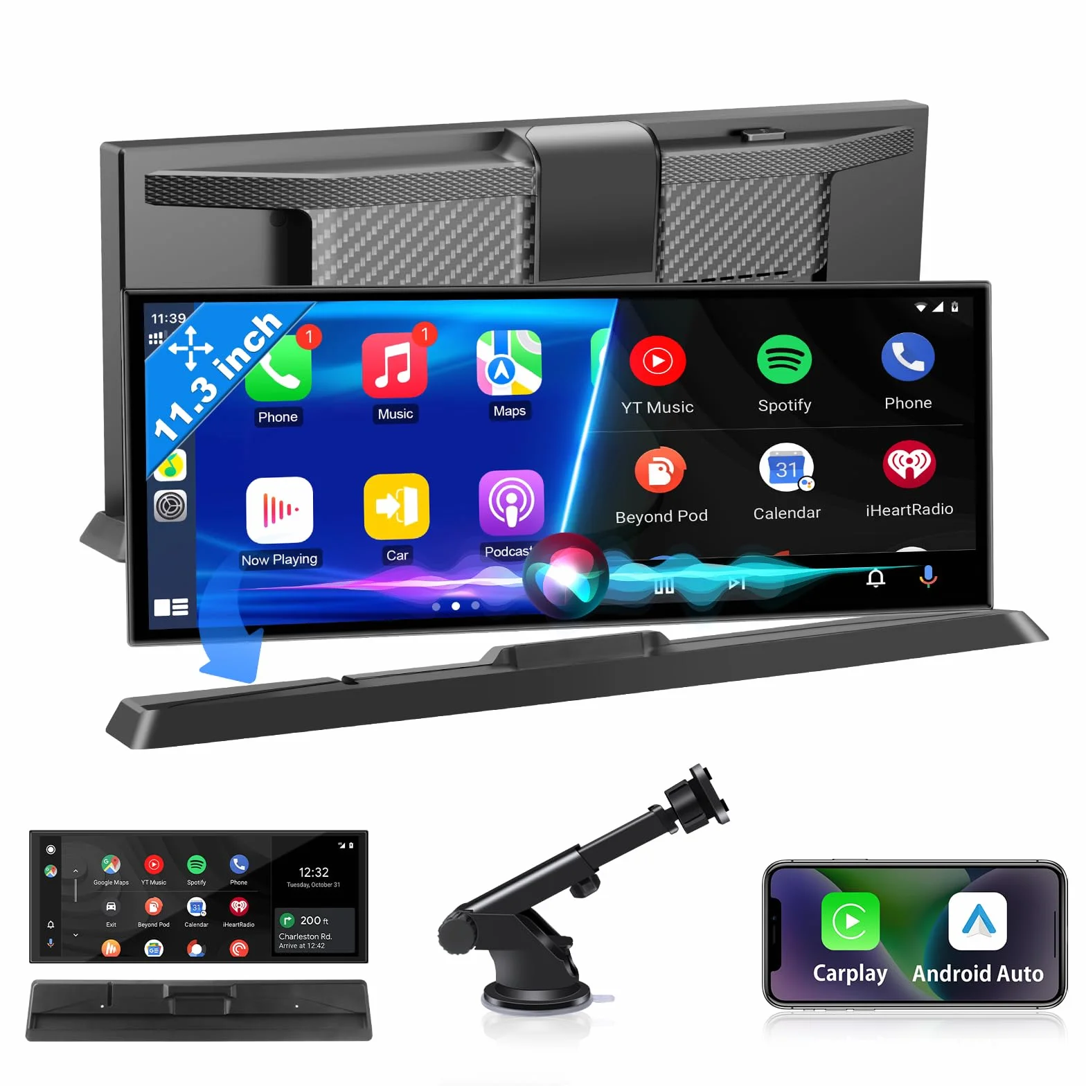 Ekskluzywny wyświetlacz samochodowy 11,3 cala Carplay z systemem Android ze stabilnym uchwytem, bezprzewodowy wyświetlacz Car Play Buddy z podwójnym Bluetooth Siri/GOO-gle, nawigacja GPS do samochodów