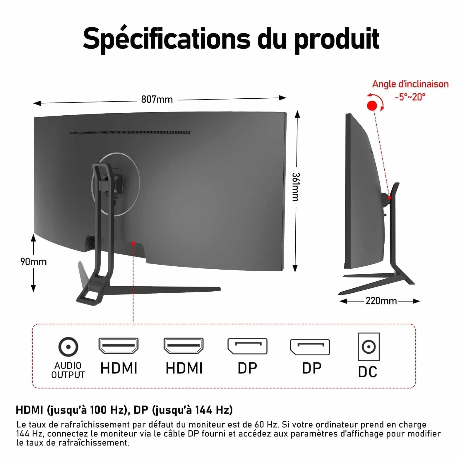 Gawfolk Ultra duży ekran PC 34 cale 1500R zakrzywiony 144 Hz monitor komputerowy do gier, 21:9 UWQHD (3440 x 1440), adaptacyjna synchronizacja, HDR, 178°, kąt widzenia, DisplayPort, HDMI, VESA 75 x 75
