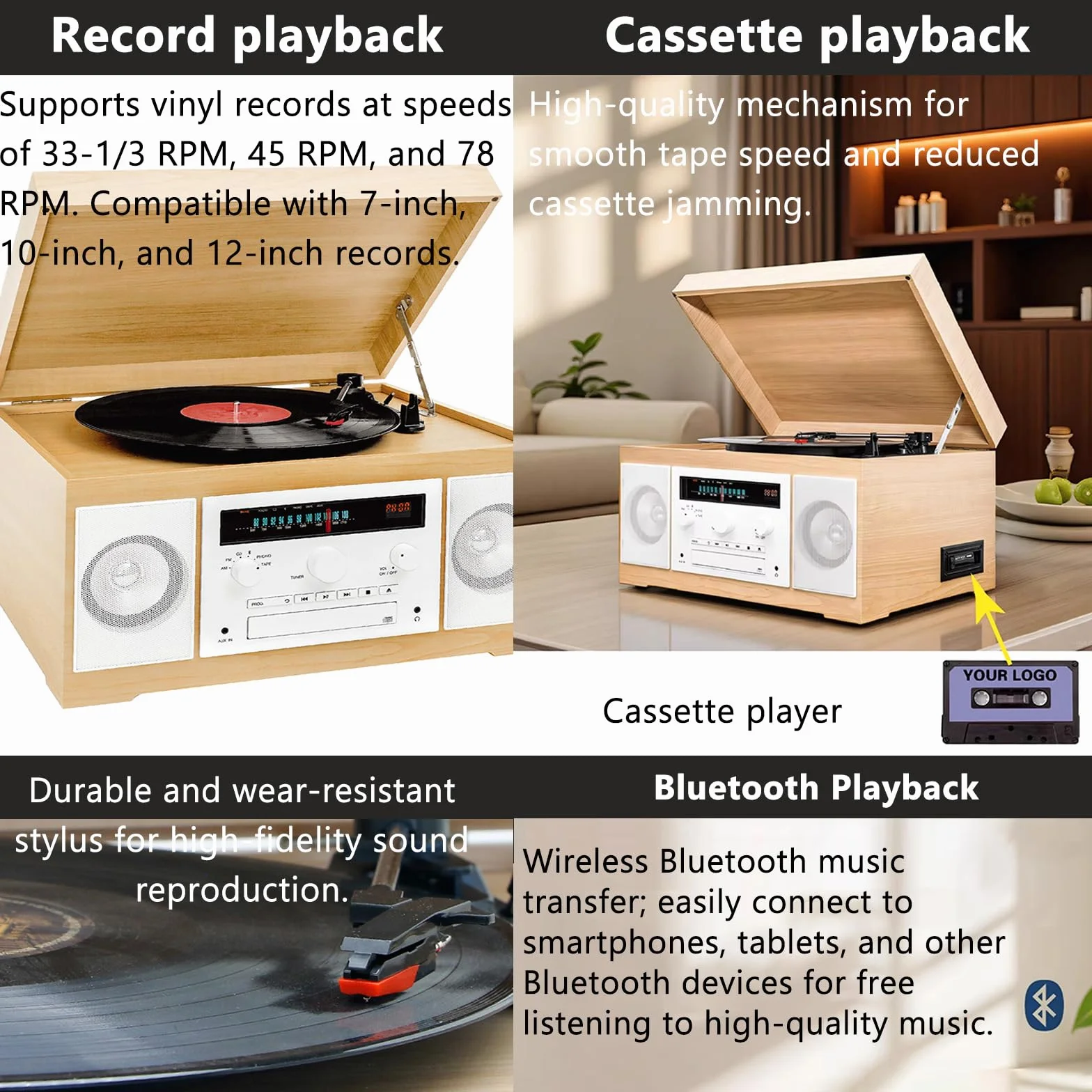 GZPKJ Gramofon Bluetooth, odtwarzacz CD i kasetowy, z radiem Am/FM, wejście/wyjściem audio, funkcją słuchawek, do muzyki, wiadomości, serii, informacji o pogodzie i ruchu