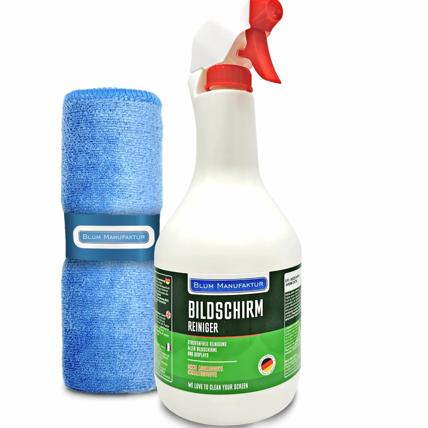 BLUM MANUFAKTUR Środek do czyszczenia ekranu 1 x 1000 ml + 30 x 30 cm ściereczka z mikrofibry super miękka 365 GSM - Screen Cleaner - środek do czyszczenia wyświetlacza