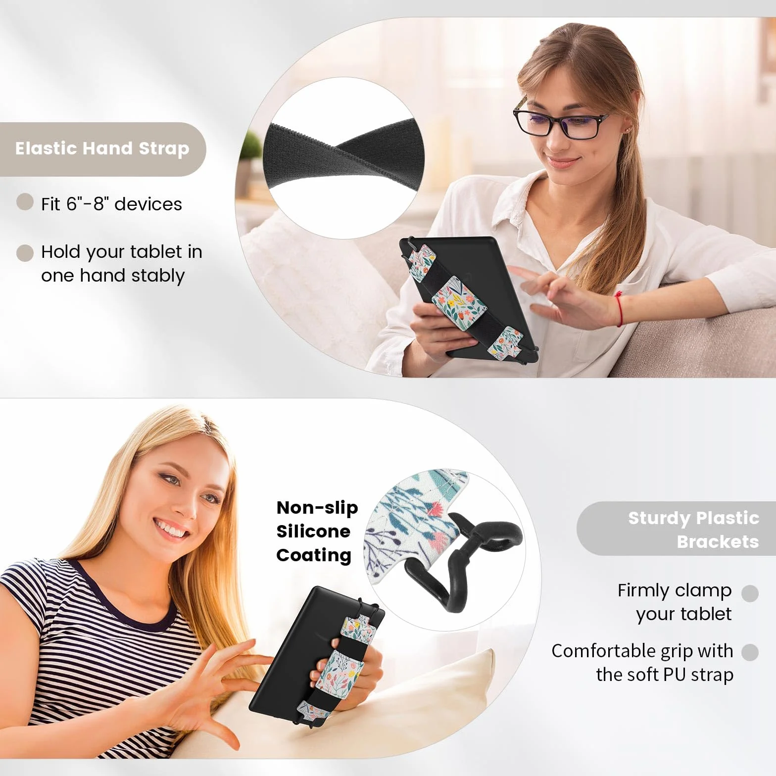 MoKo Soft Hand Strap for 6-8" Kindle eReaders Fire Tablet Kindle/Kobo/Voyaga/Lenovo/Sony Kindle E-Book Tablet, Black High-Elasticity Versatile Hand Strap Lightweight Finger Grip Holder, Flowers