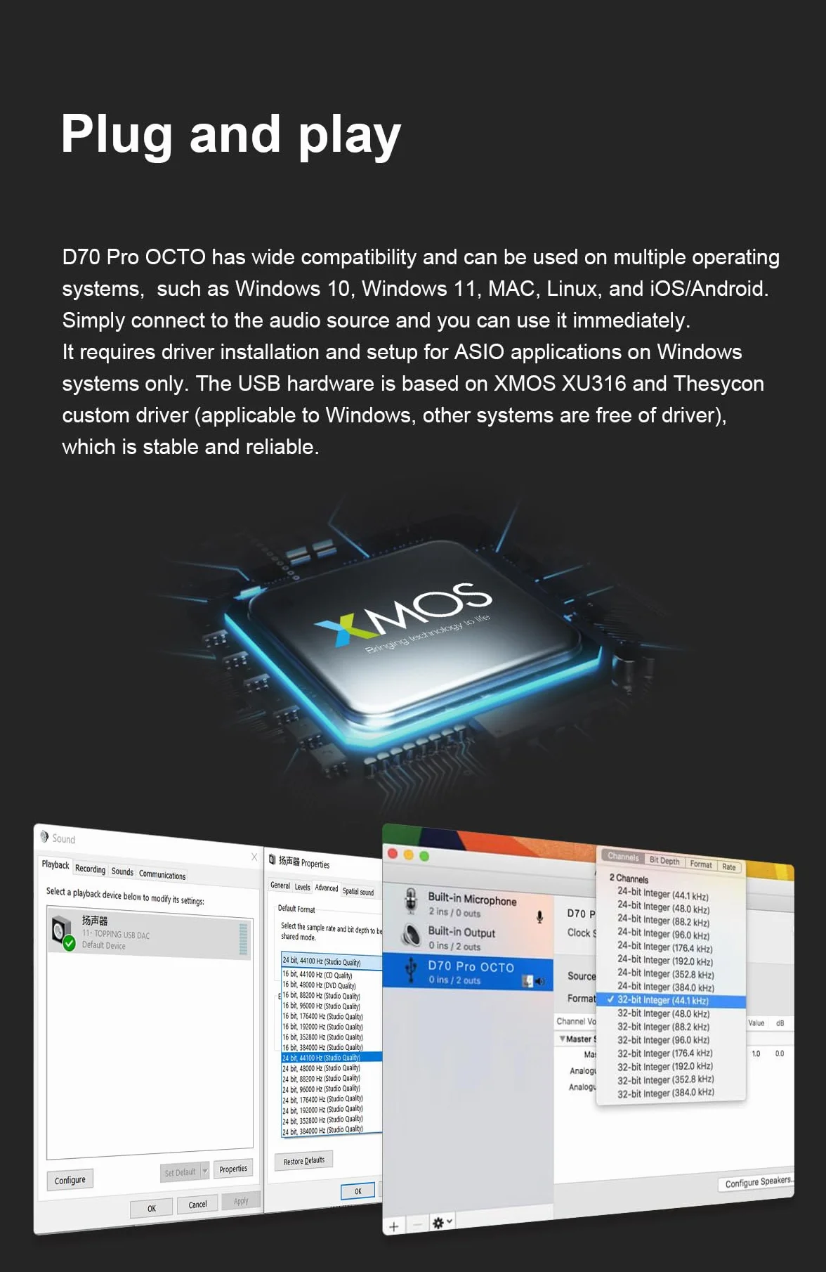Topping D70 PRO OCTO HiFi DAC Bluetooth 5.1 Support LDAC z wyjściem RCA XLR, pilot zdalnego sterowania, dekoder audio Hi-res (czarny)