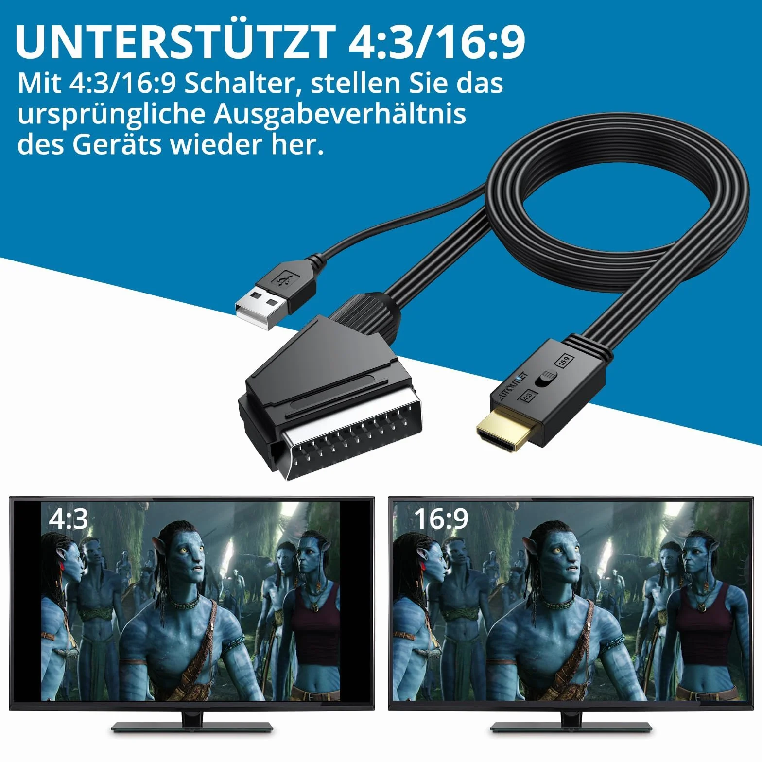 AUTOUTLET Konwerter Scart na HDMI, konwersja 16:9/4:3 i PAL/NTSC, 1080p SCART na HDMI adapter z 150 cm męski zintegrowany kabel, adapter wideo konwerter audio do HDTV, VCR, VHS, DVD