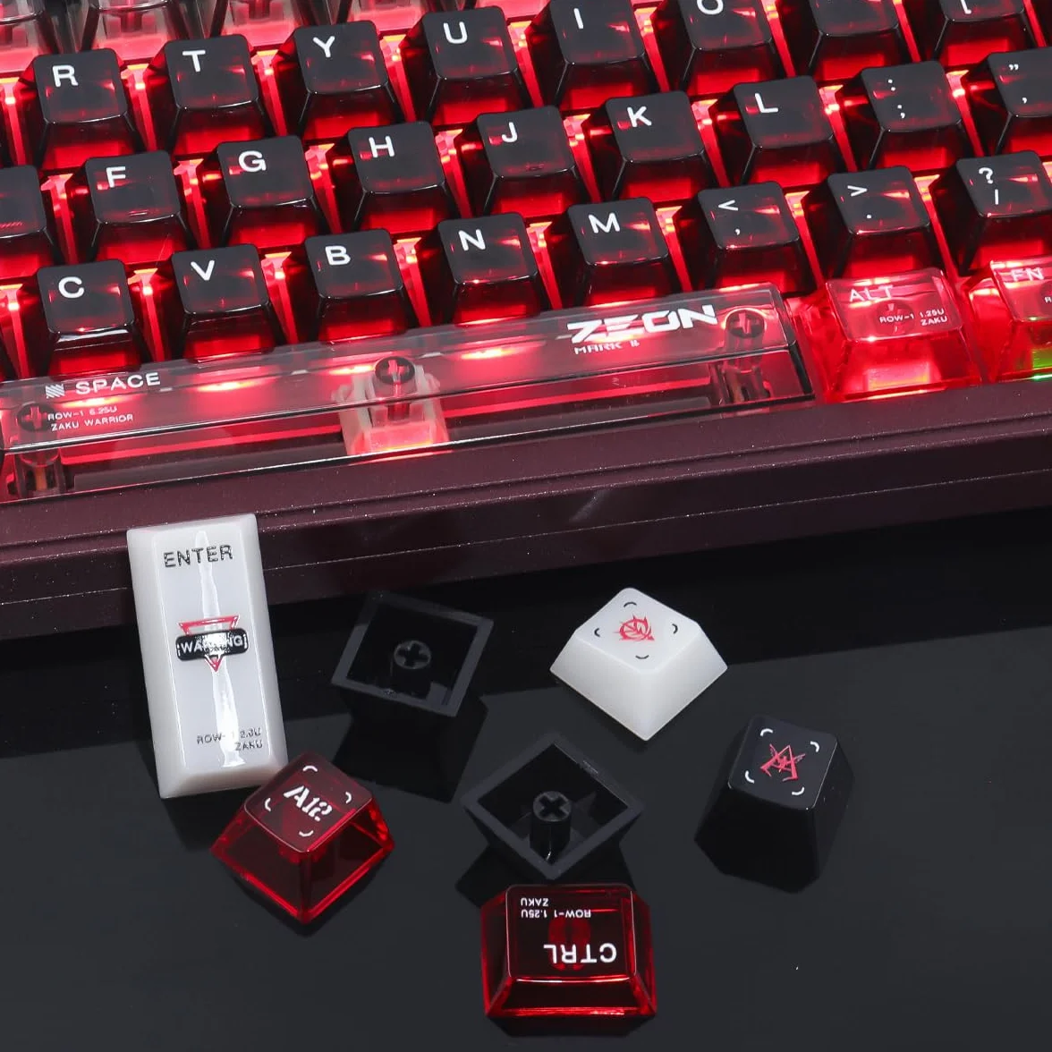 JakeTsai Podwójne nasadki klawiszy PC, 138 klawiszy, czerwone, czarne, przezroczyste klawisze, przezroczyste nakładki na klawisze z profilem wiśniowym do Cherry MX Switch ANSI i ISO układ klawiatury